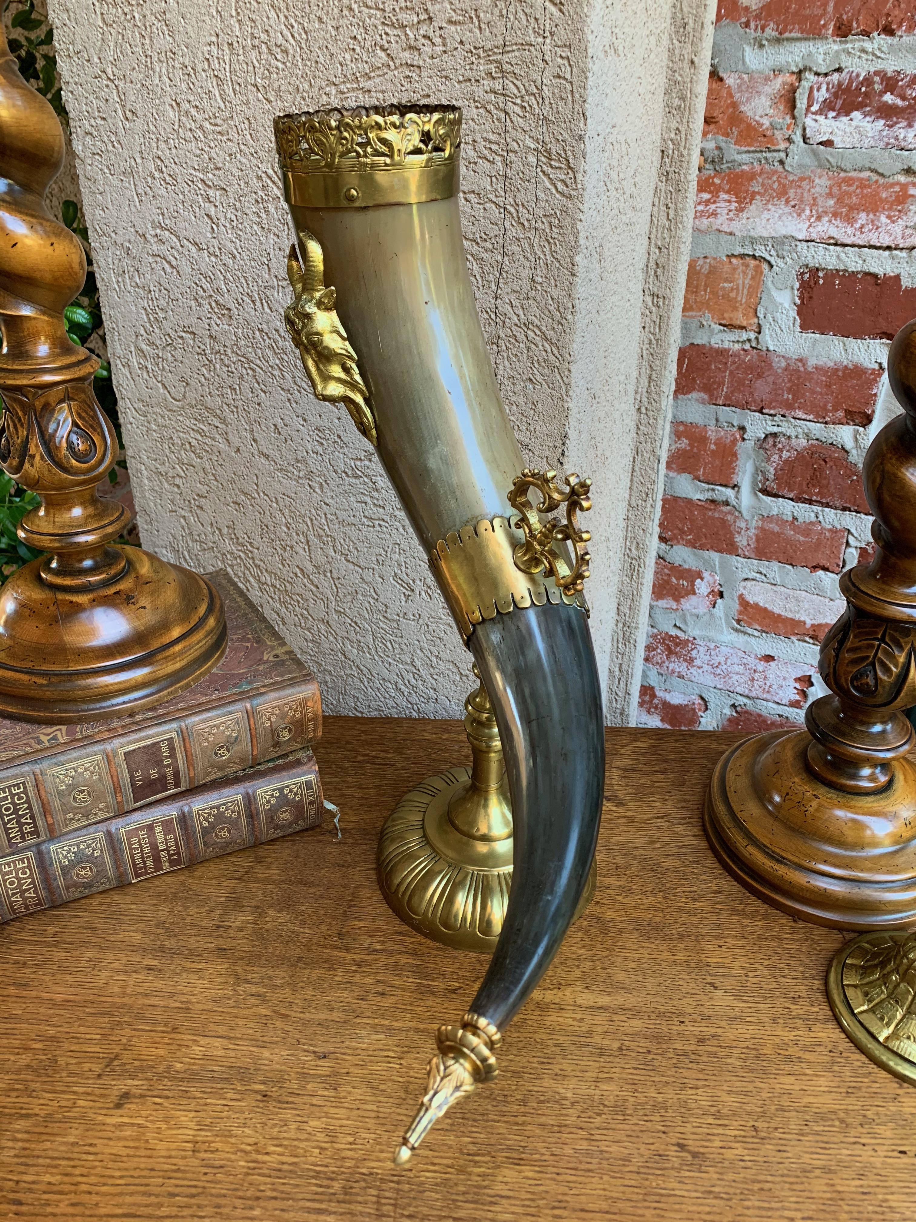 19th Century English Trophy Natural Hunt Horn Epergne Brass Renaissance Ram In Good Condition In Shreveport, LA