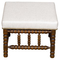 19th Century English Turned Bobbin Legs Stool with Linen Upholstery