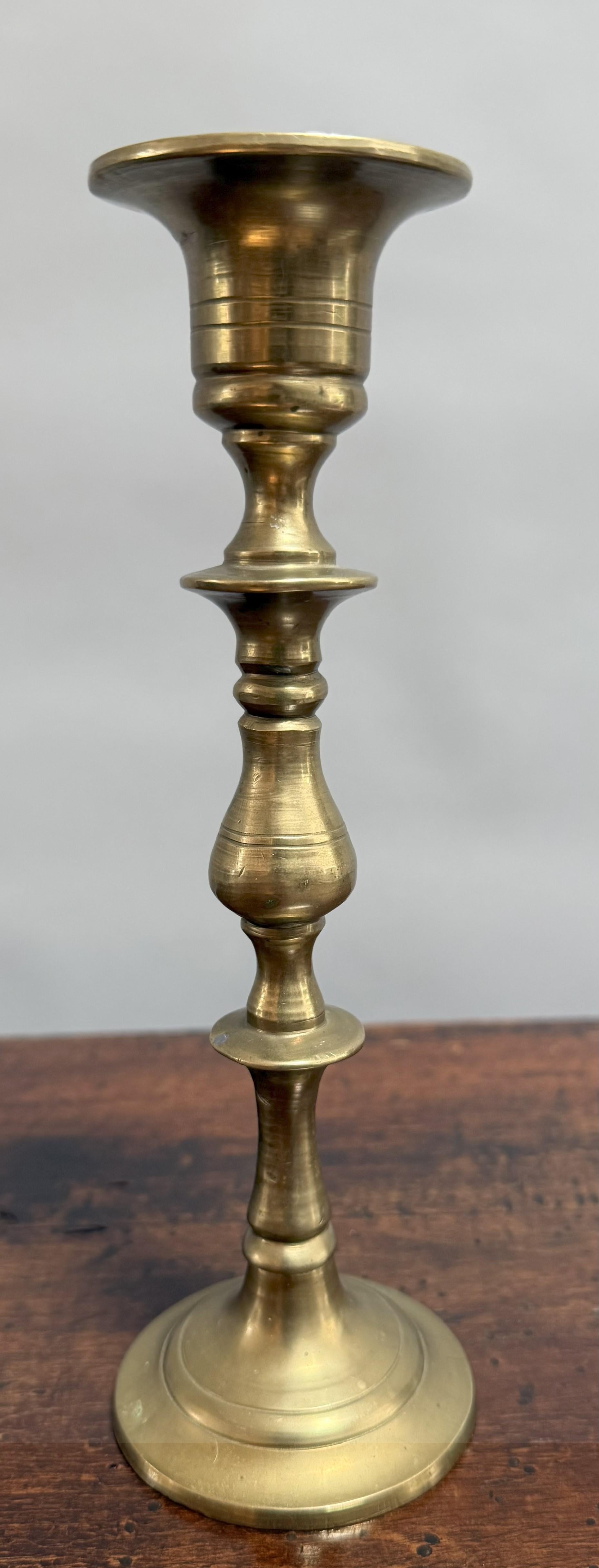 19th Century English Turned Brass Candlestick In Good Condition For Sale In Middleburg, VA