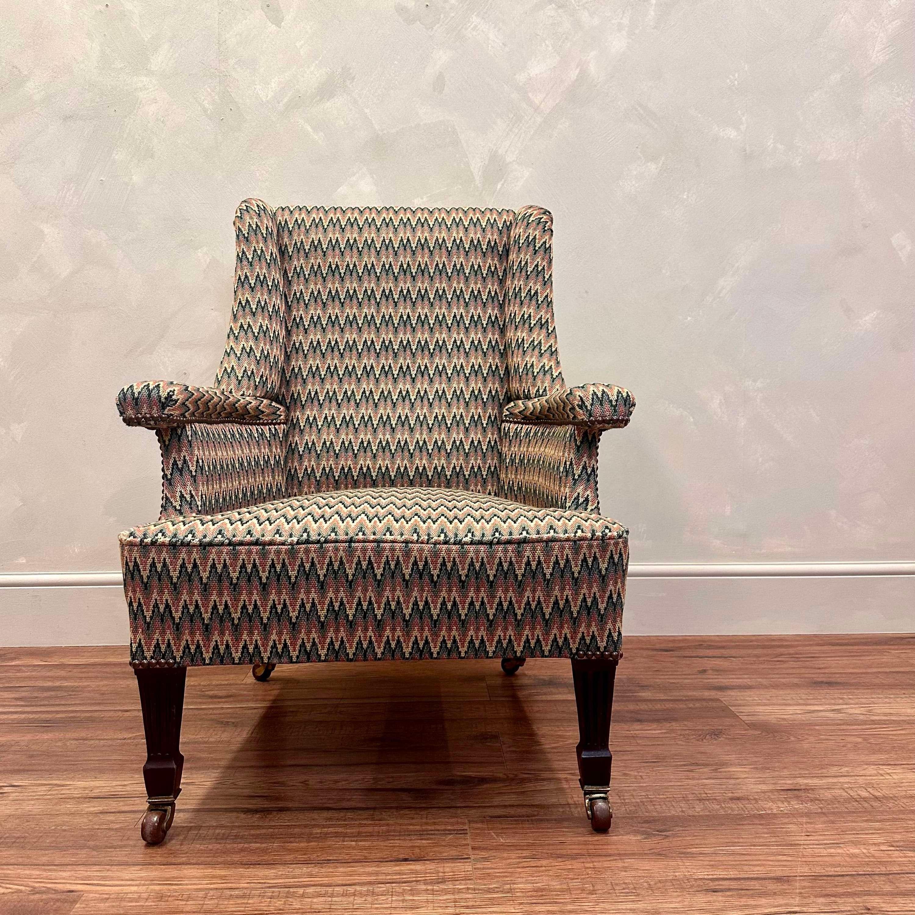 British 19th Century English Upholstered Armchair Flamstitch Fabric  For Sale