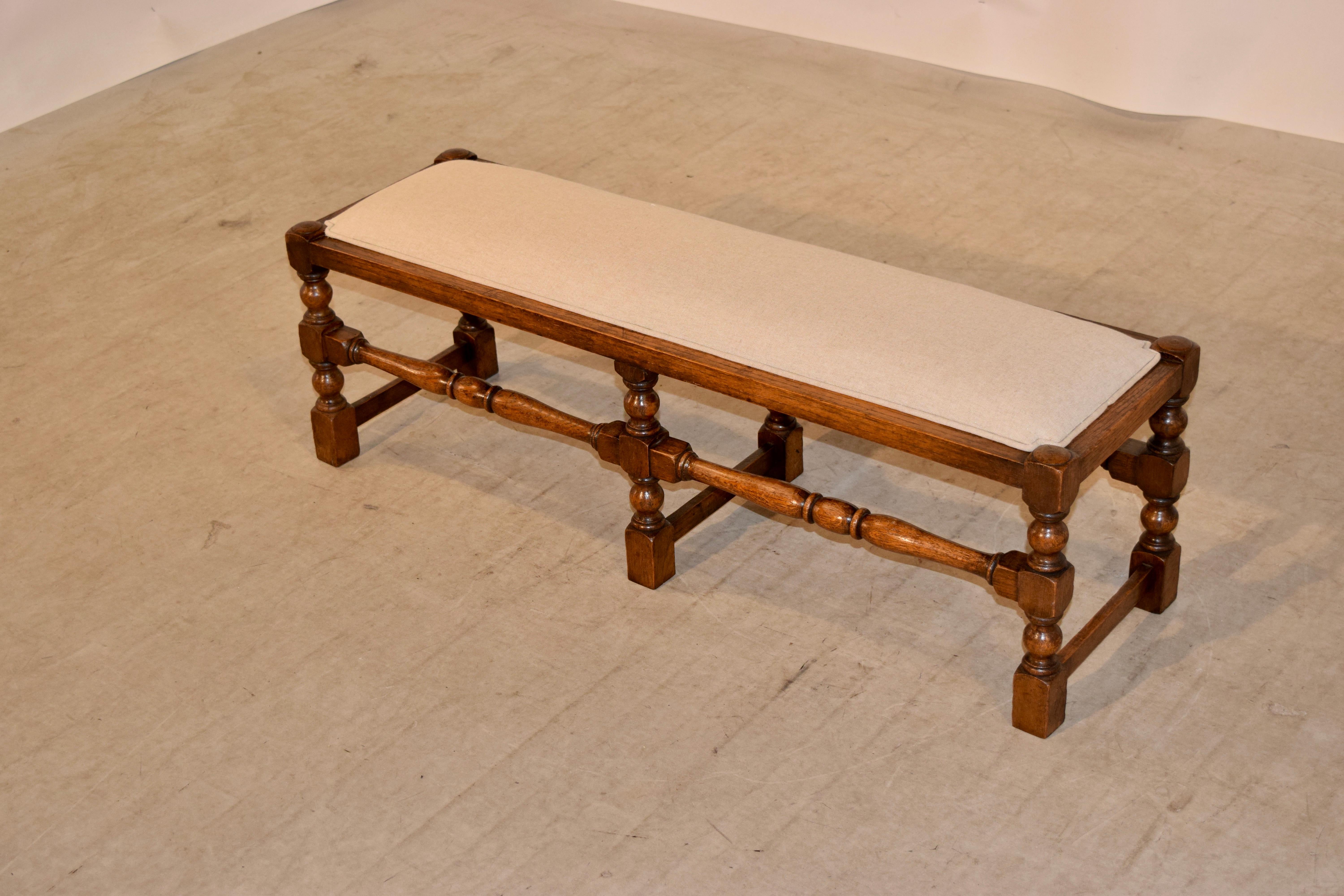 Turned 19th Century English Upholstered Low Bench