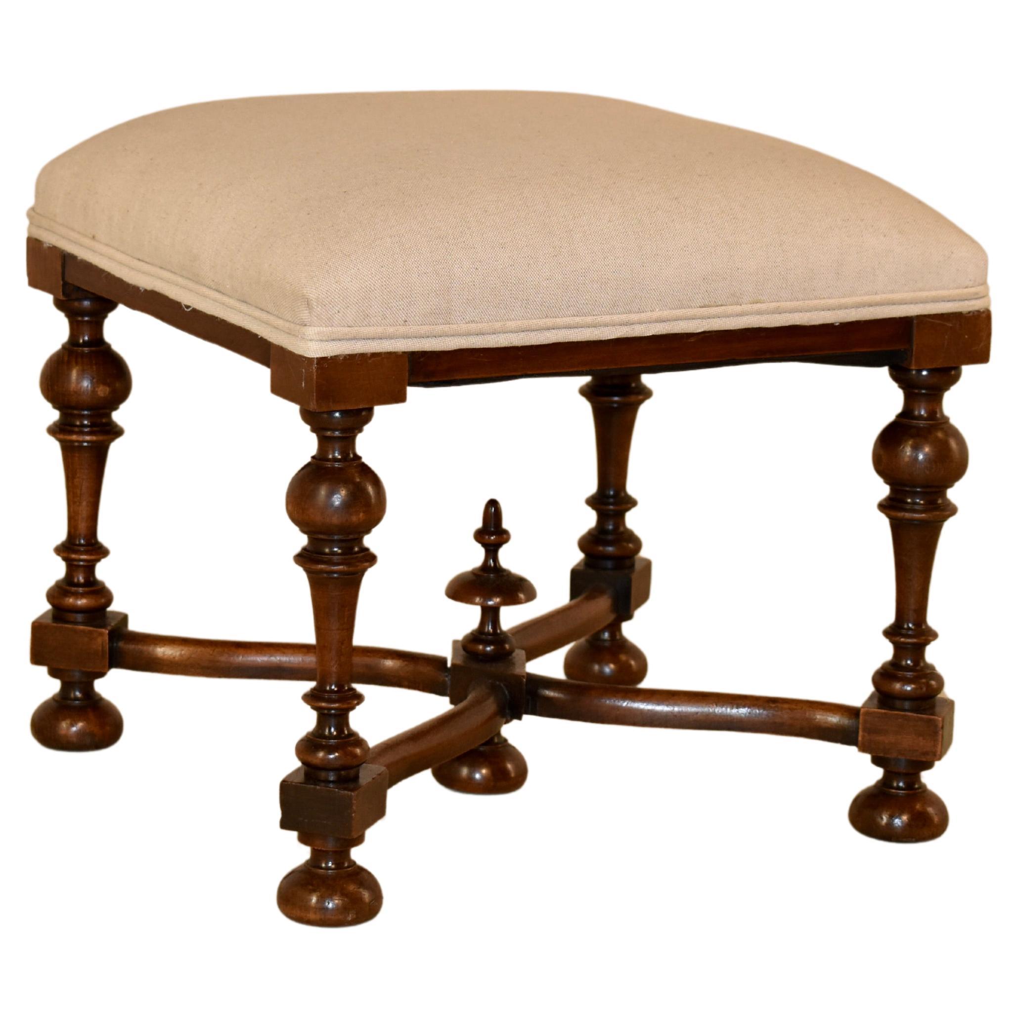 19th Century Large Leather Upholstered Carved Walnut Stool, circa 1860