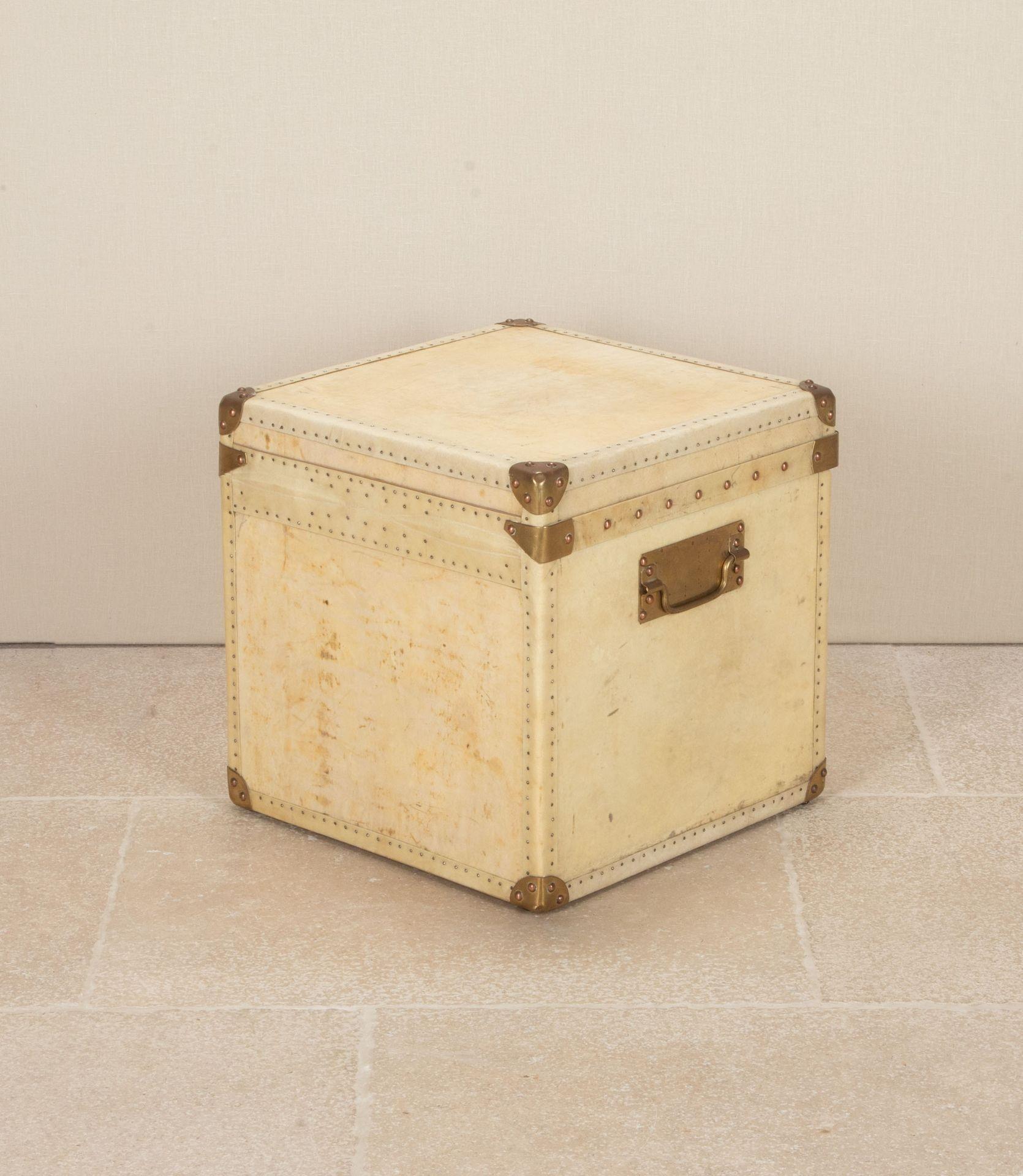 Rarely found 19th Century English vellum trunk. With copper studs and brass binding and corners. Solid brass handles with back plates and locks. The brass patina is gorgeous but could be easily polished to a high shine if desired. Lined in original
