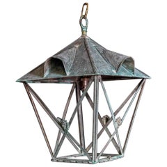 19th Century English Verdigris Copper Lantern with Lion Head Mounts
