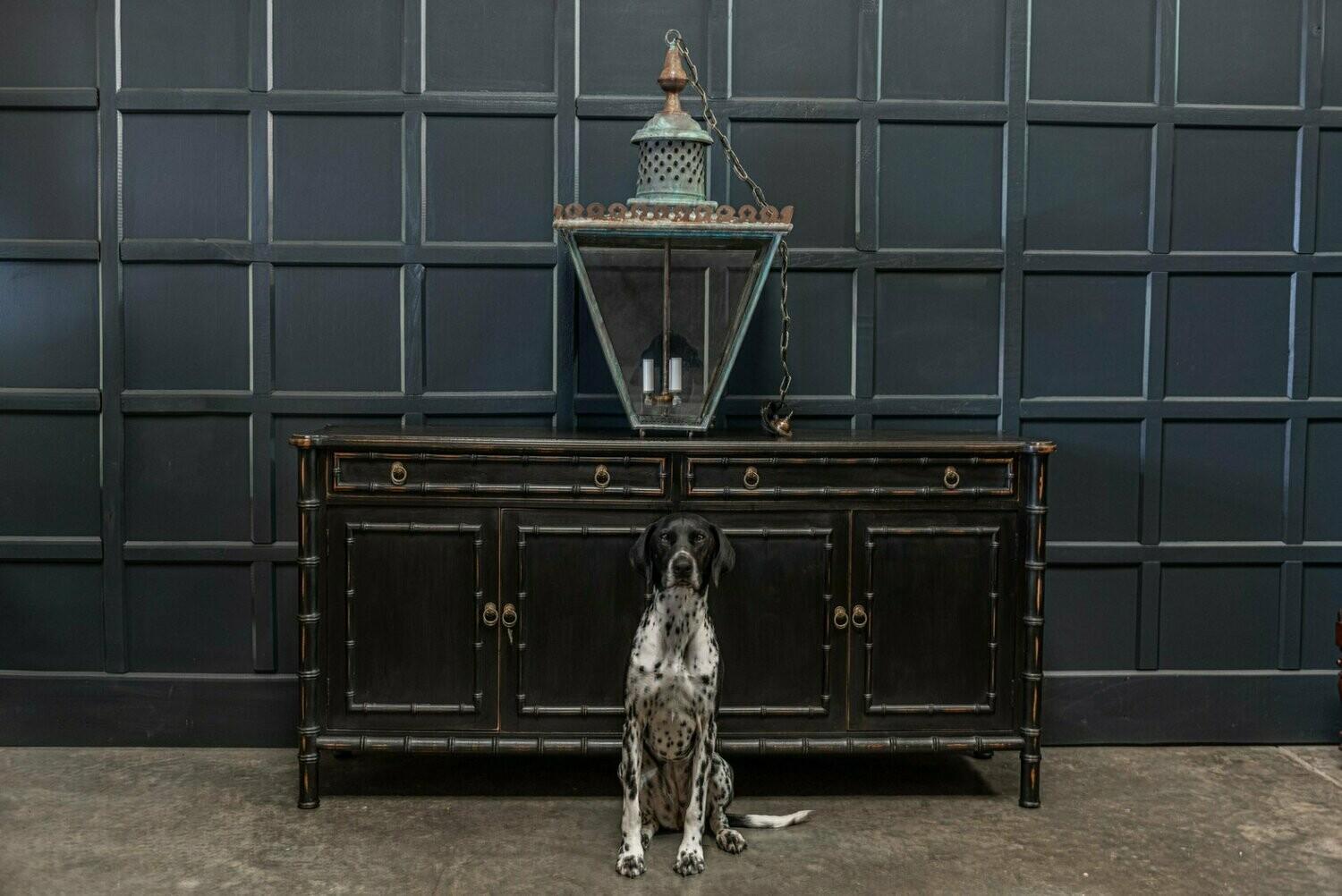 19th century English Verdigris oversized glazed lantern
circa 1840.

Exceptional oversized statement Verdigris copper and cast iron lantern with three candle bulb holder and hinged door.

Supplied with 1m of silk flex, 1m of heavy gauge antique