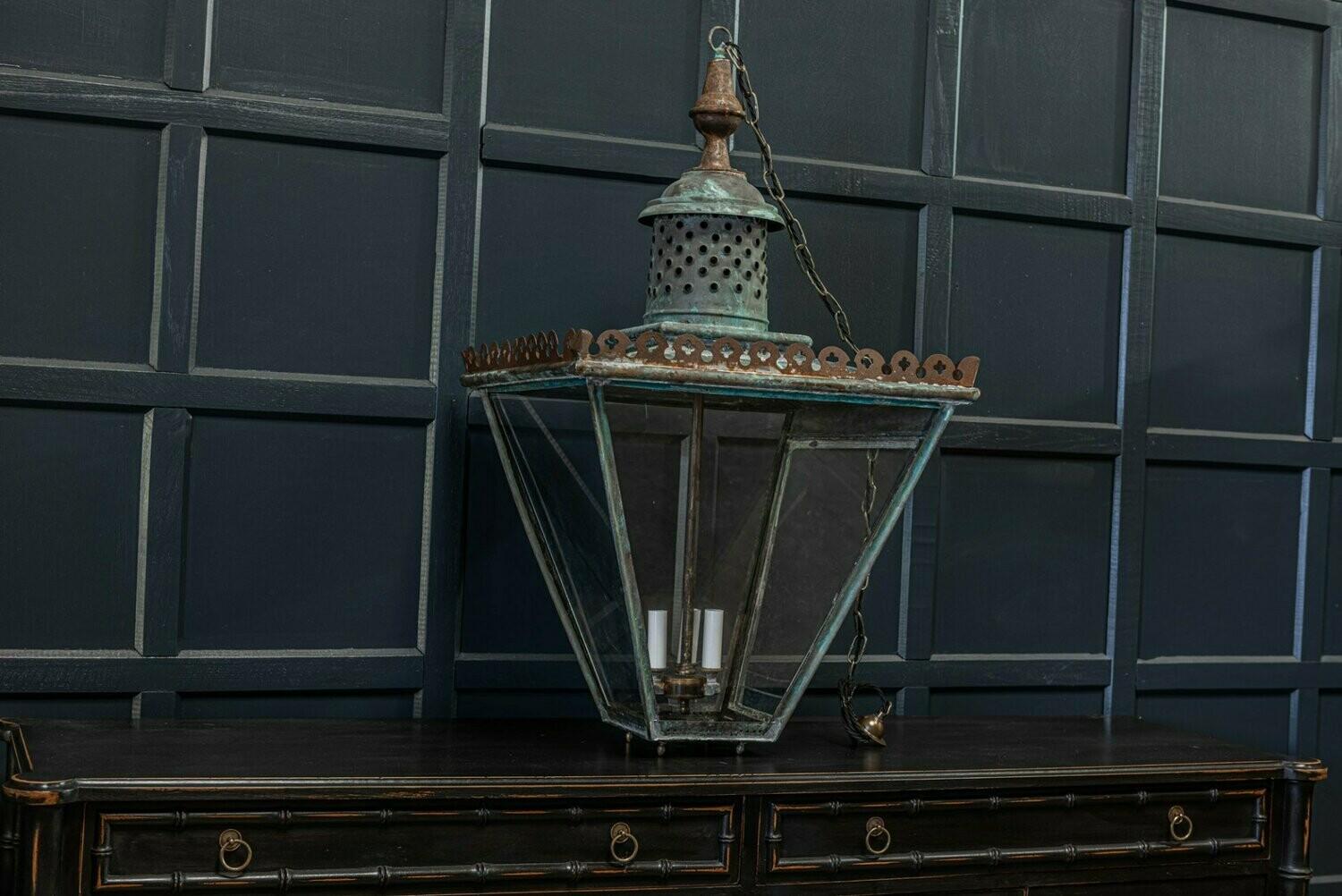 British 19th Century English Verdigris Oversized Glazed Lantern