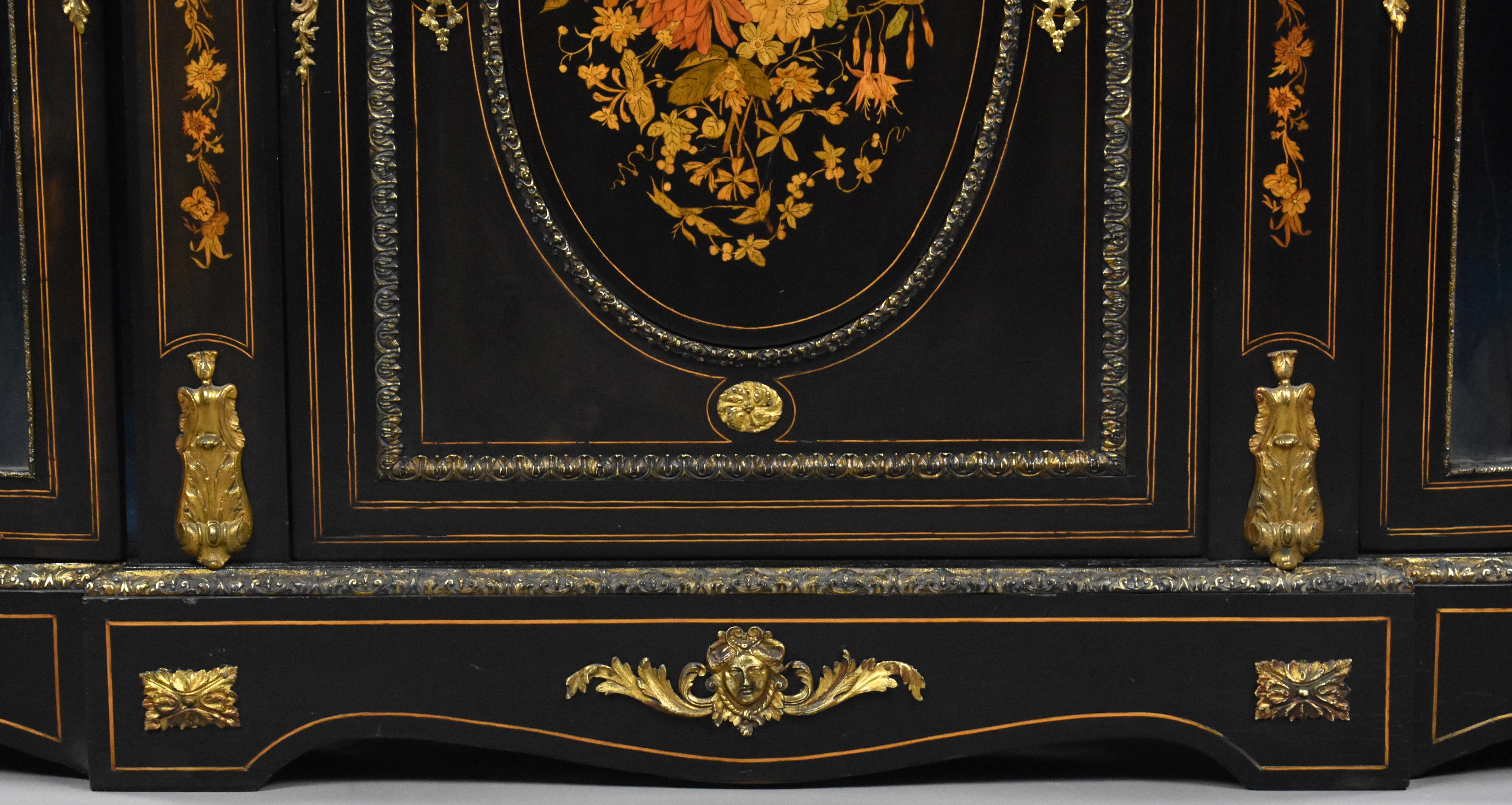 19th Century English Victorian and Marquetry Ebonised Credenza For Sale 6