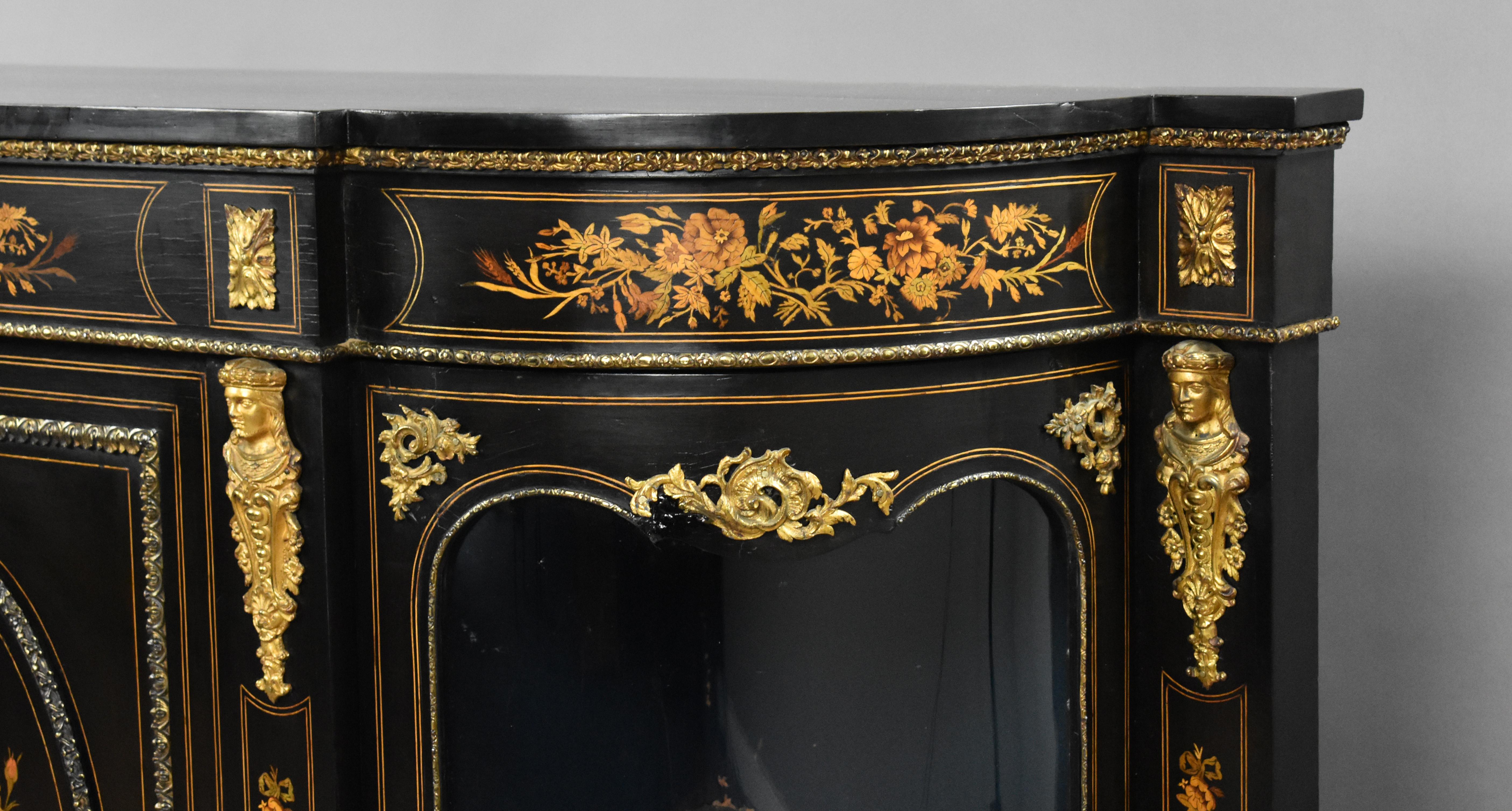 19th Century English Victorian and Marquetry Ebonised Credenza For Sale 7