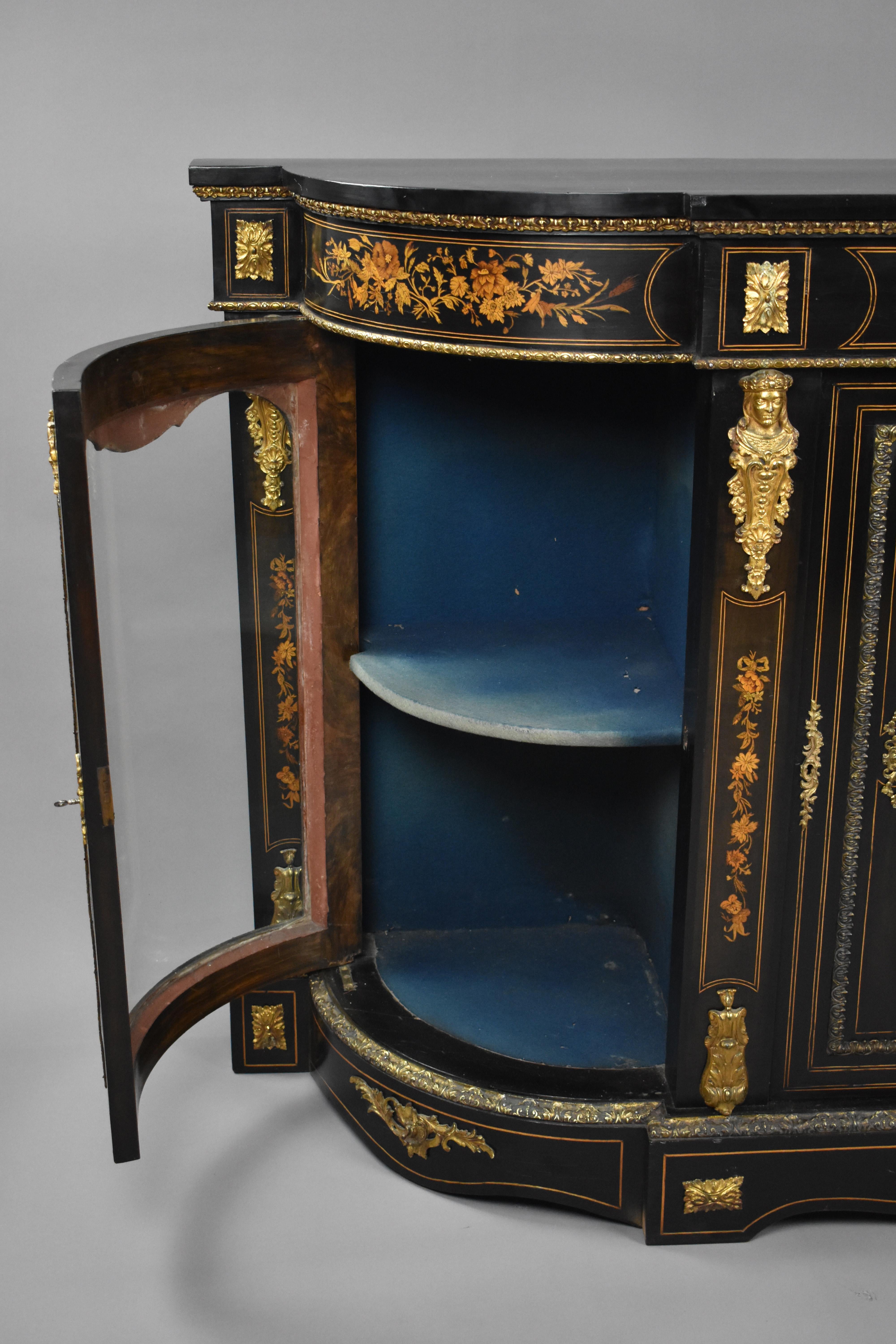 19th Century English Victorian and Marquetry Ebonised Credenza For Sale 10