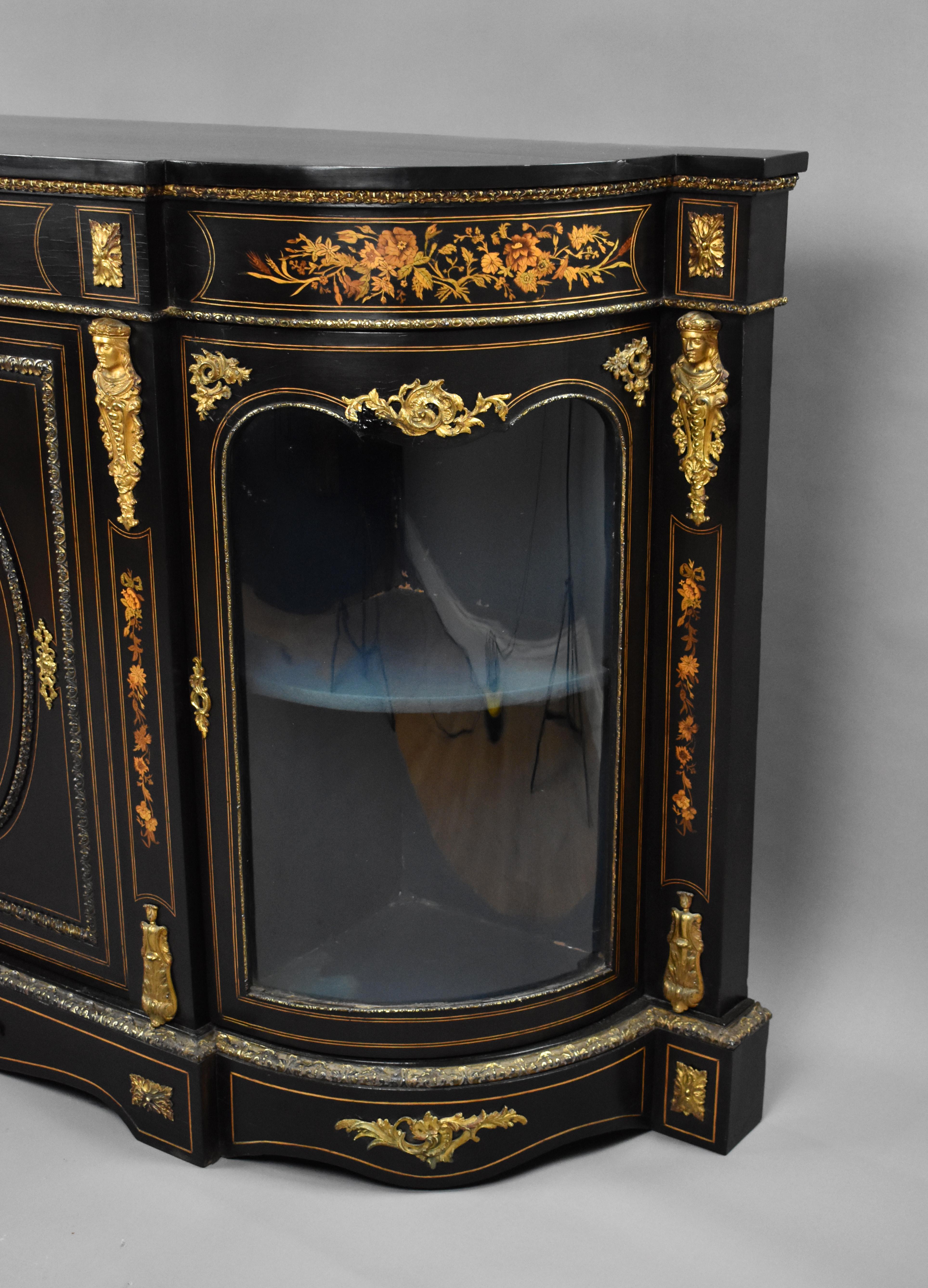 19th Century English Victorian and Marquetry Ebonised Credenza For Sale 1
