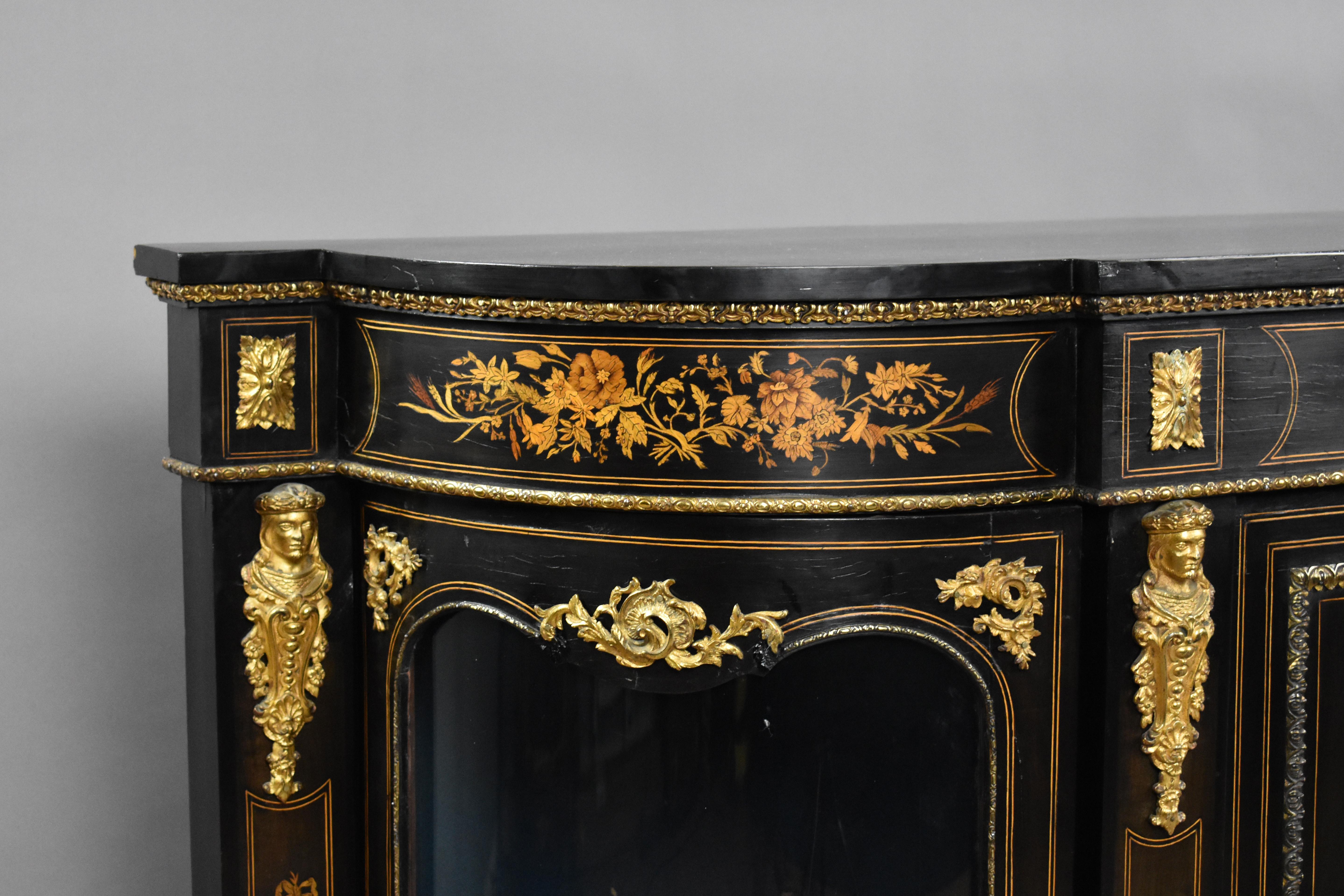 19th Century English Victorian and Marquetry Ebonised Credenza For Sale 2