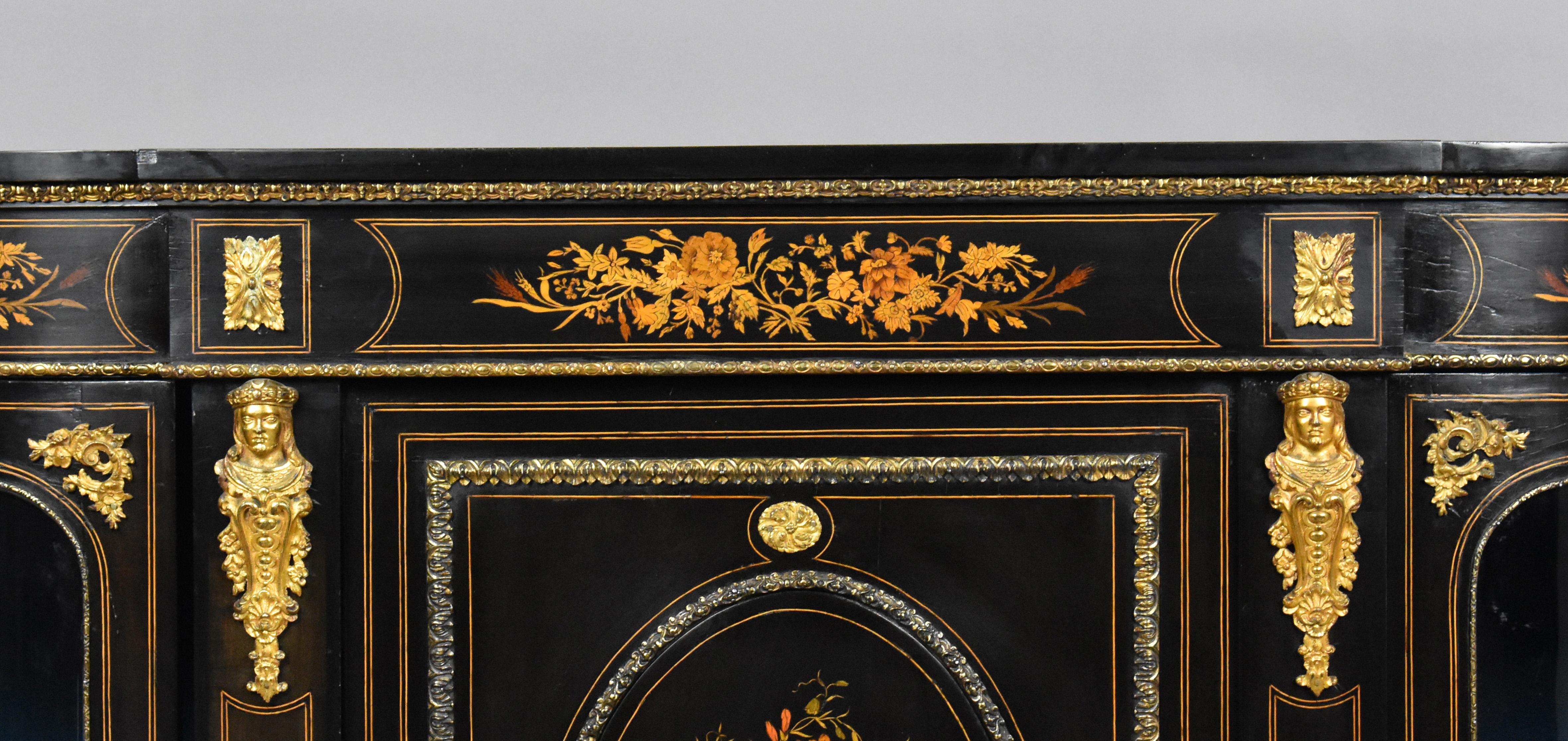 19th Century English Victorian and Marquetry Ebonised Credenza For Sale 4