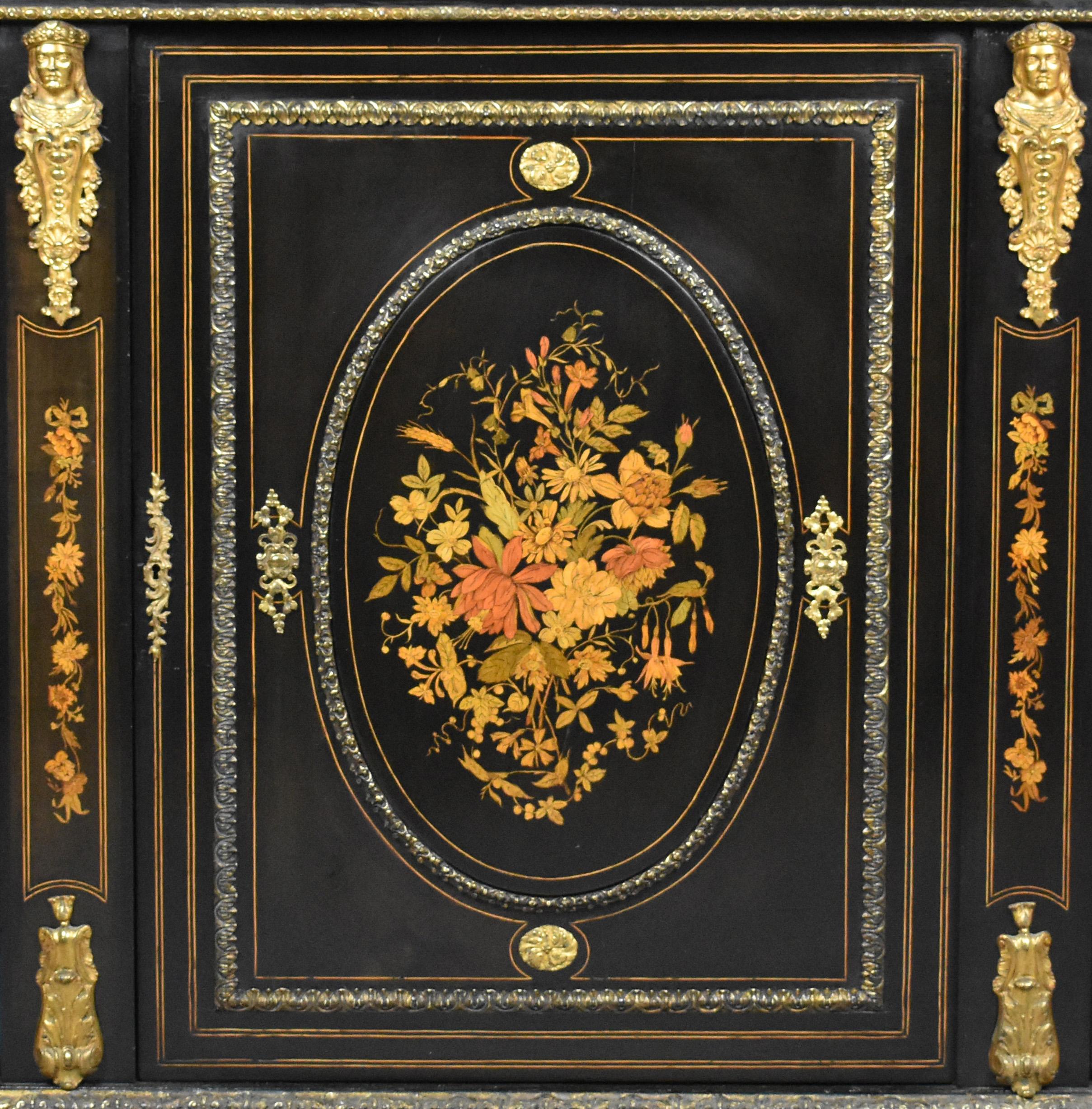 19th Century English Victorian and Marquetry Ebonised Credenza For Sale 5