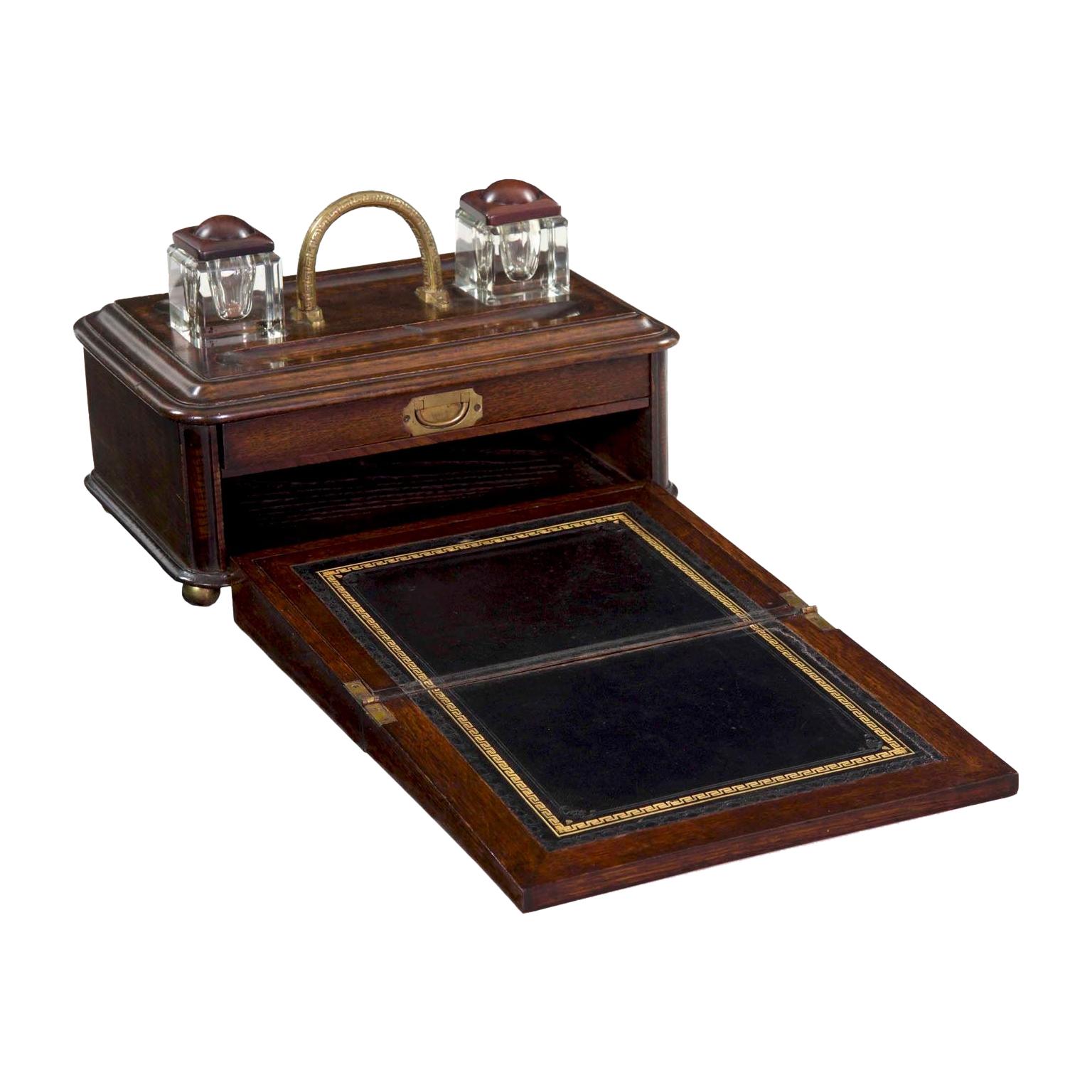 19th Century English Victorian Antique Oak Writing Desk Traveling Box