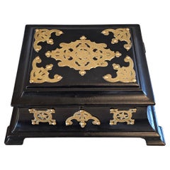 19th Century English Victorian Brass Black Lacquer Papier-mache Dressing Box