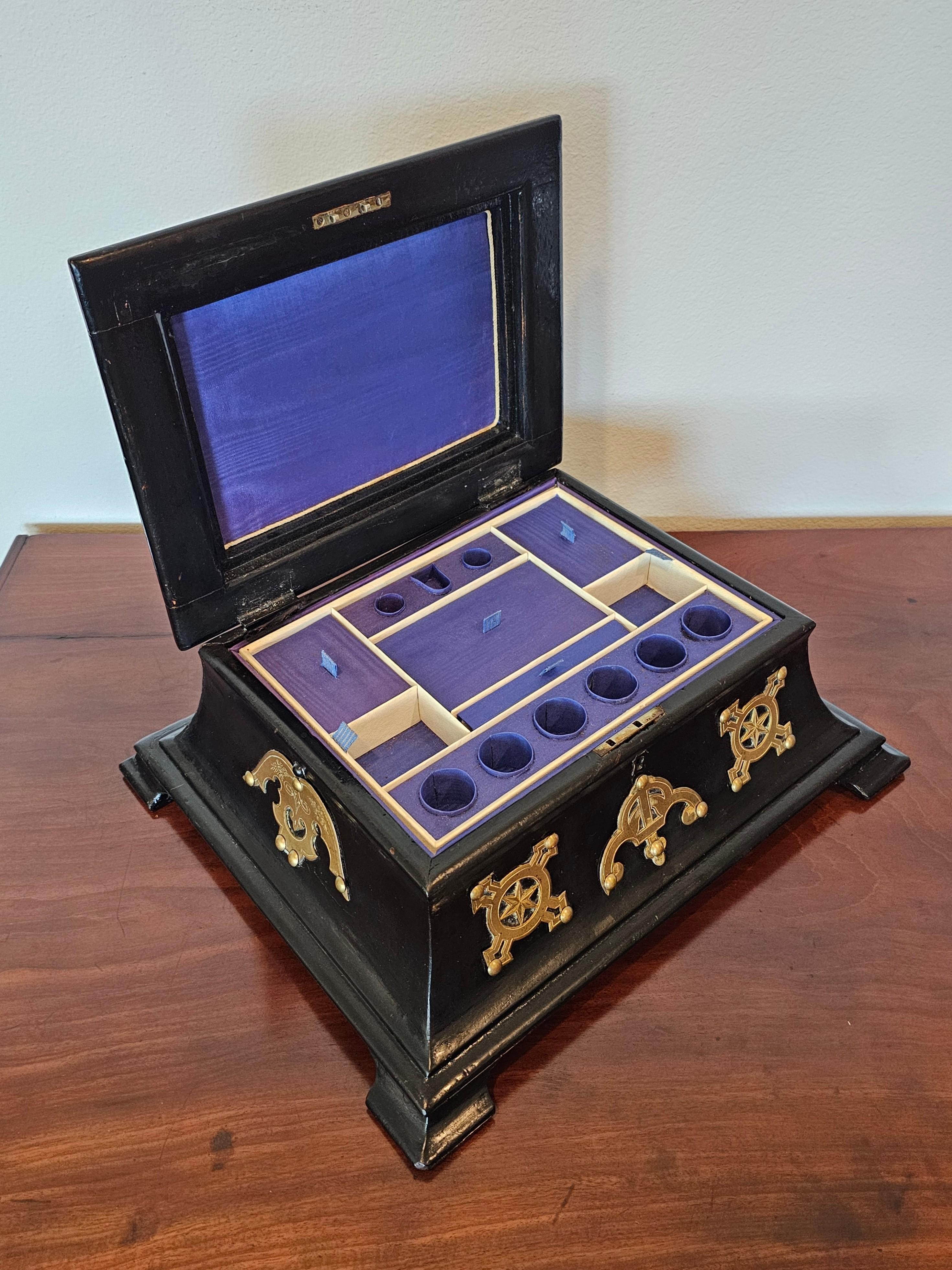 Hand-Crafted 19th Century English Victorian Brass Black Lacquer Papier-mache Dressing Box  For Sale