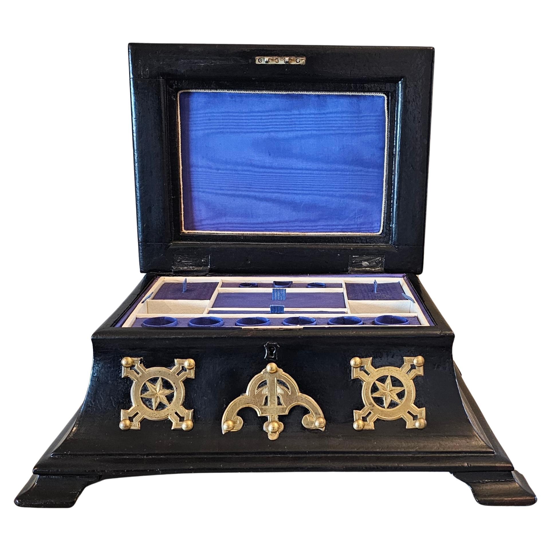 19th Century English Victorian Brass Black Lacquer Papier-mache Dressing Box 