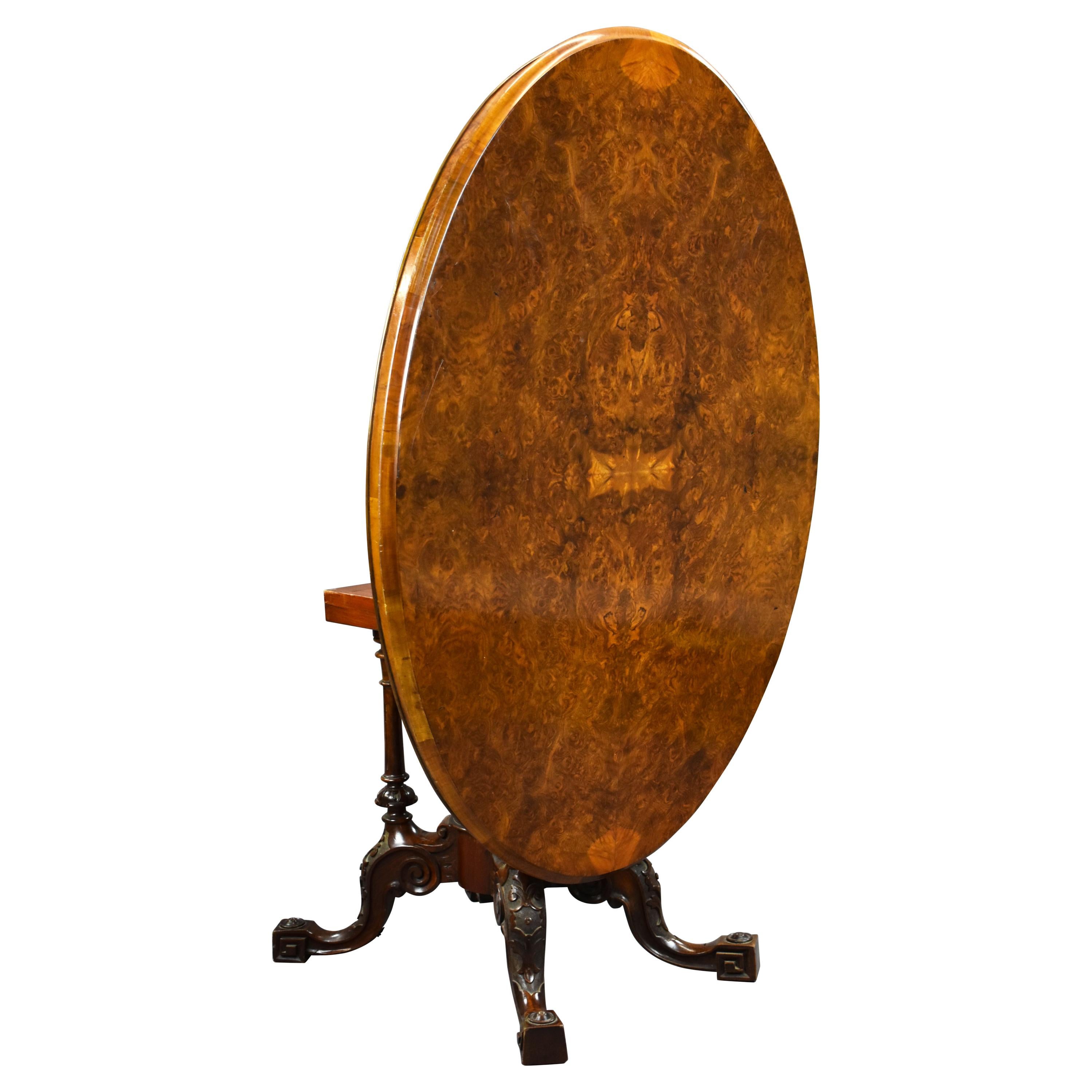 19th Century English Victorian Burl Walnt Oval Loo Table