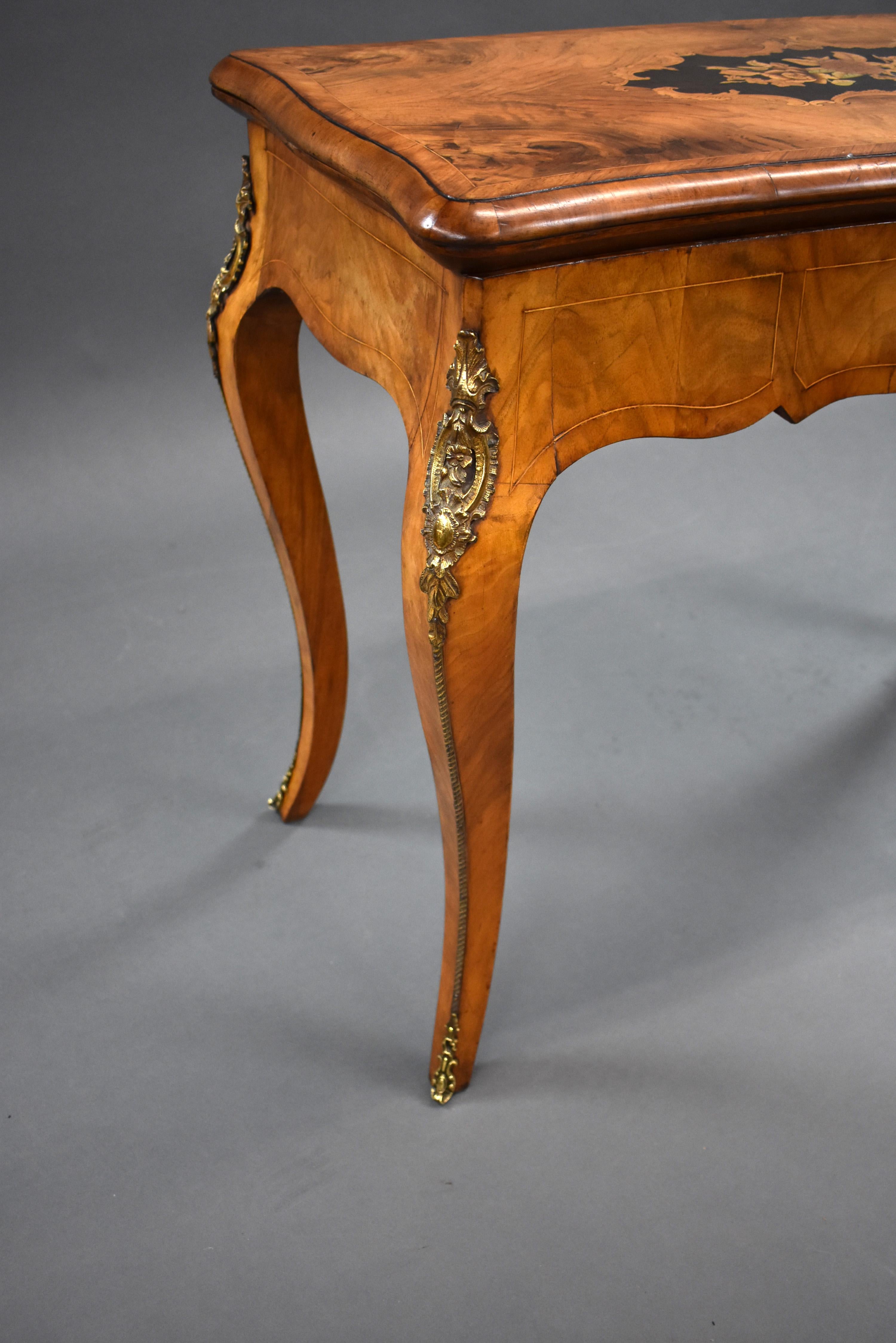19th Century English Victorian Burl Walnut and Marquetry Inlaid Card Table For Sale 10