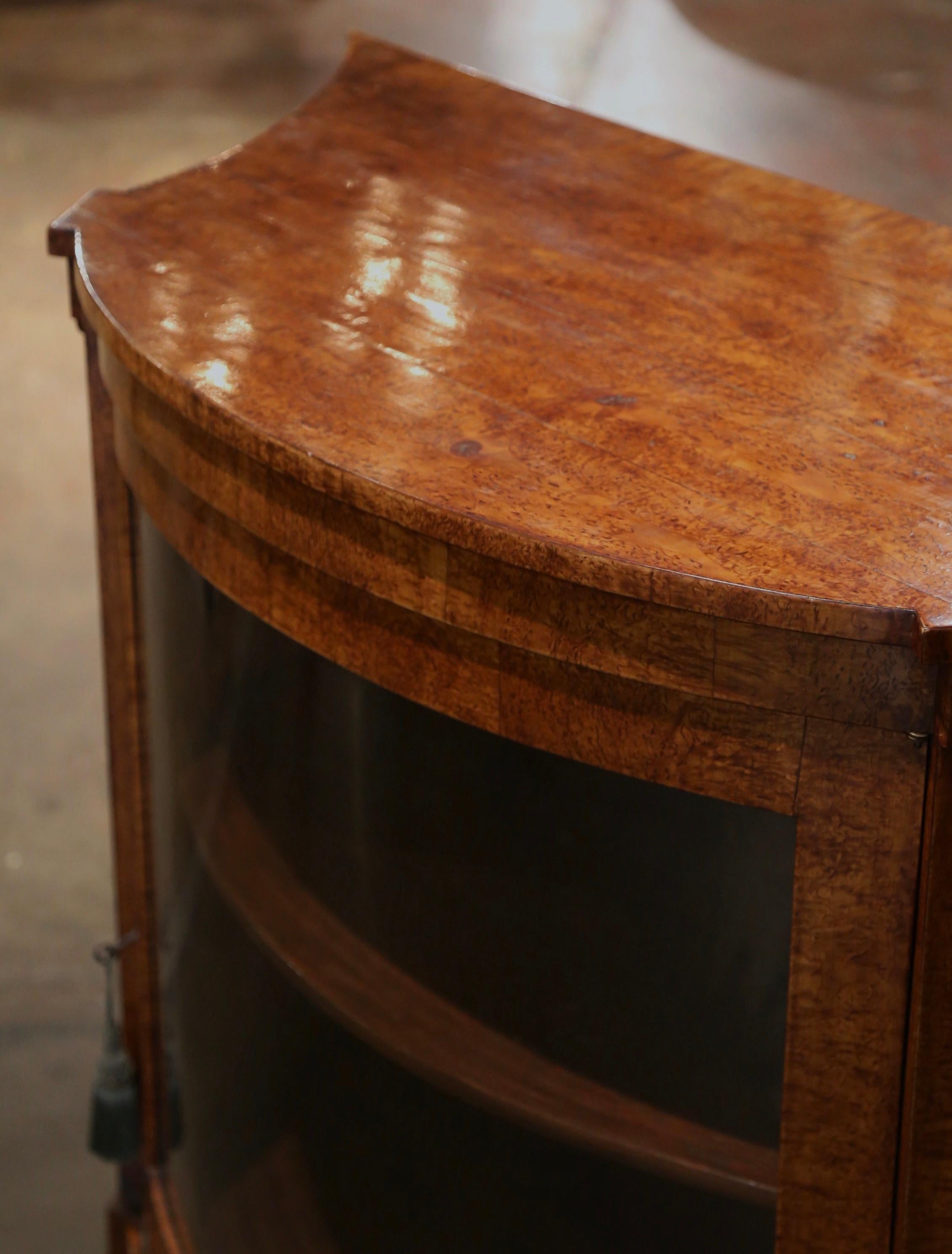 Hand-Carved 19th Century English Victorian Burl Walnut Bow Front Glass Door Curio Cabinet