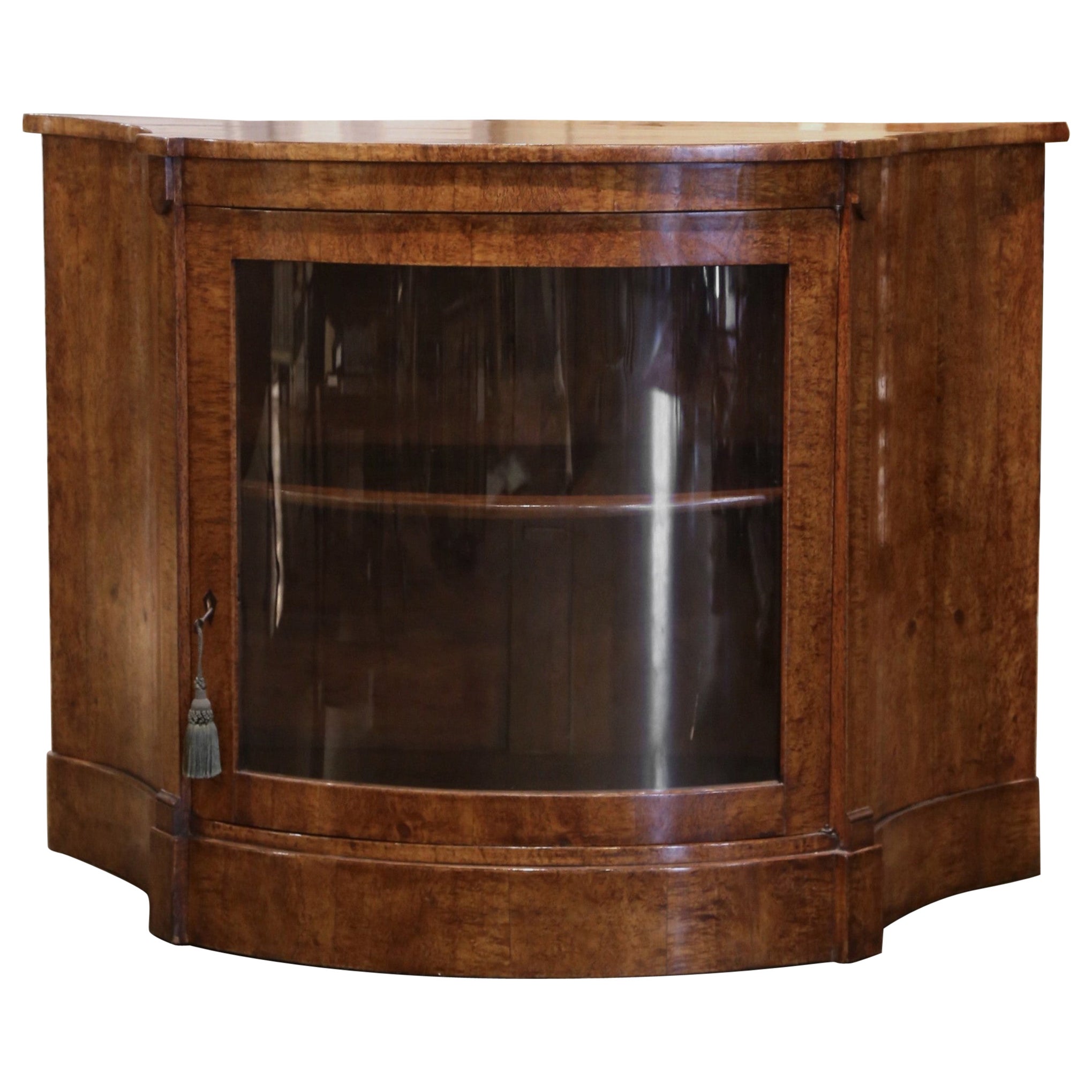 19th Century English Victorian Burl Walnut Bow Front Glass Door Curio Cabinet