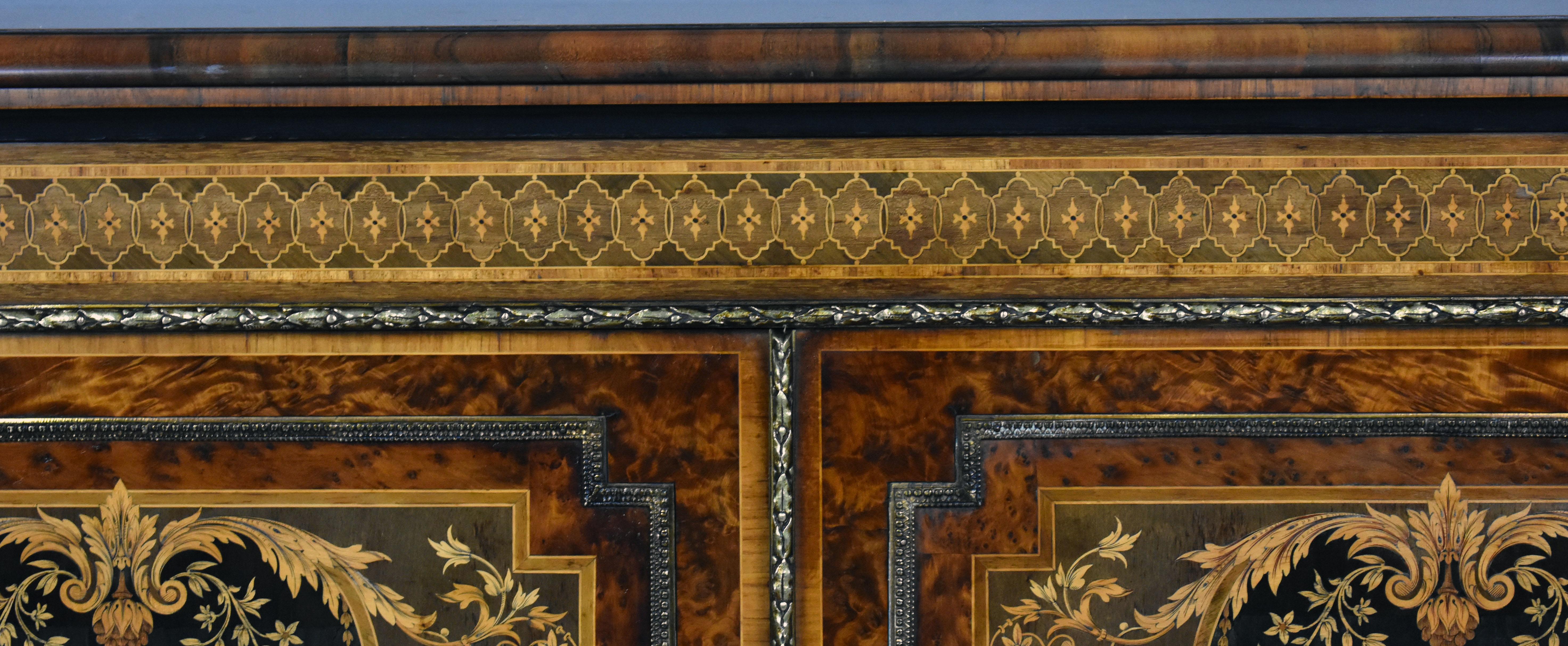 19th Century English Victorian Burl Walnut Marquetry Credenza by Gillow For Sale 10