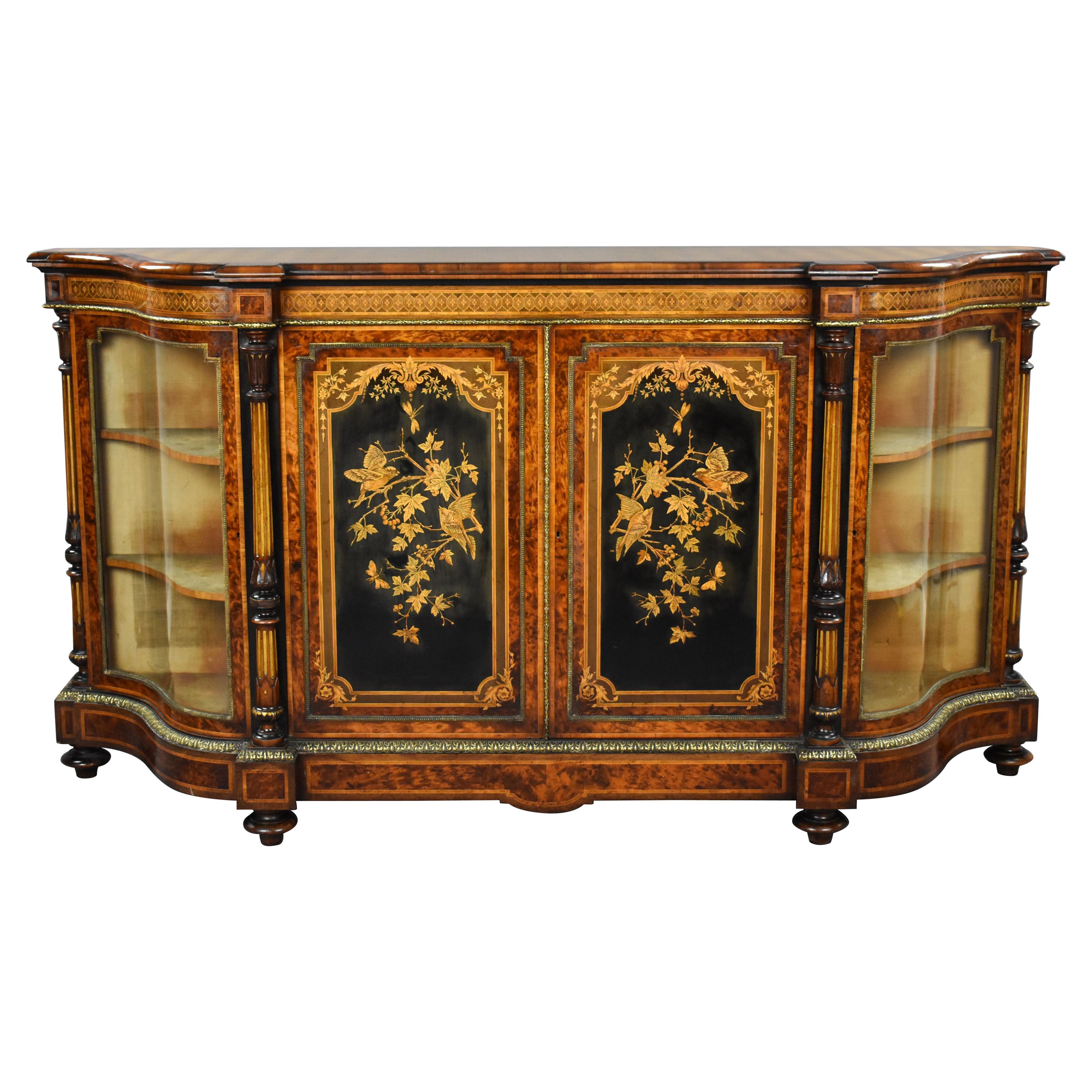 19th Century English Victorian Burl Walnut Marquetry Credenza by Gillow