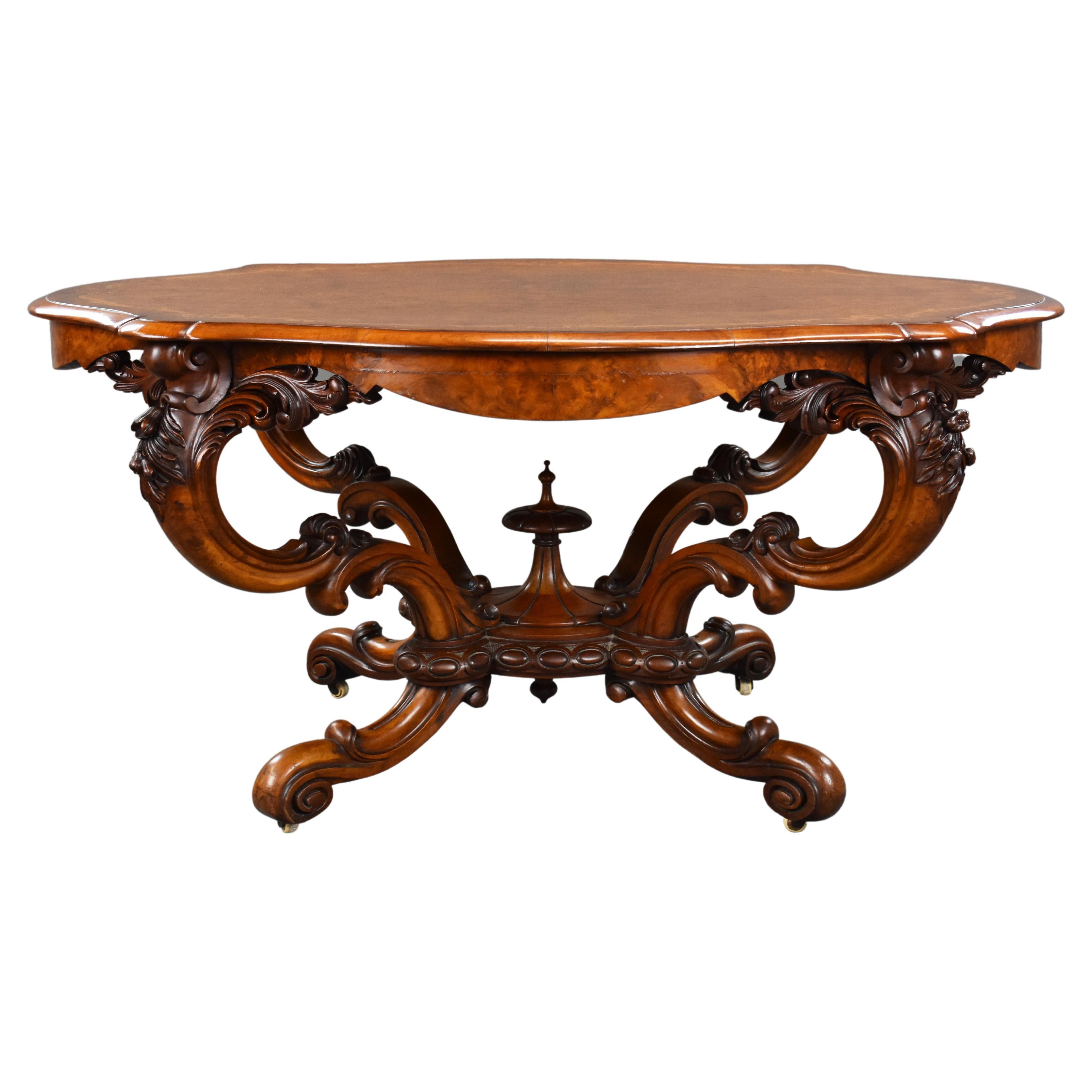 19th Century English Victorian Burr Walnut and Marquetry Center Table