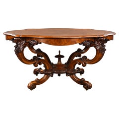 19th Century English Victorian Burr Walnut and Marquetry Center Table