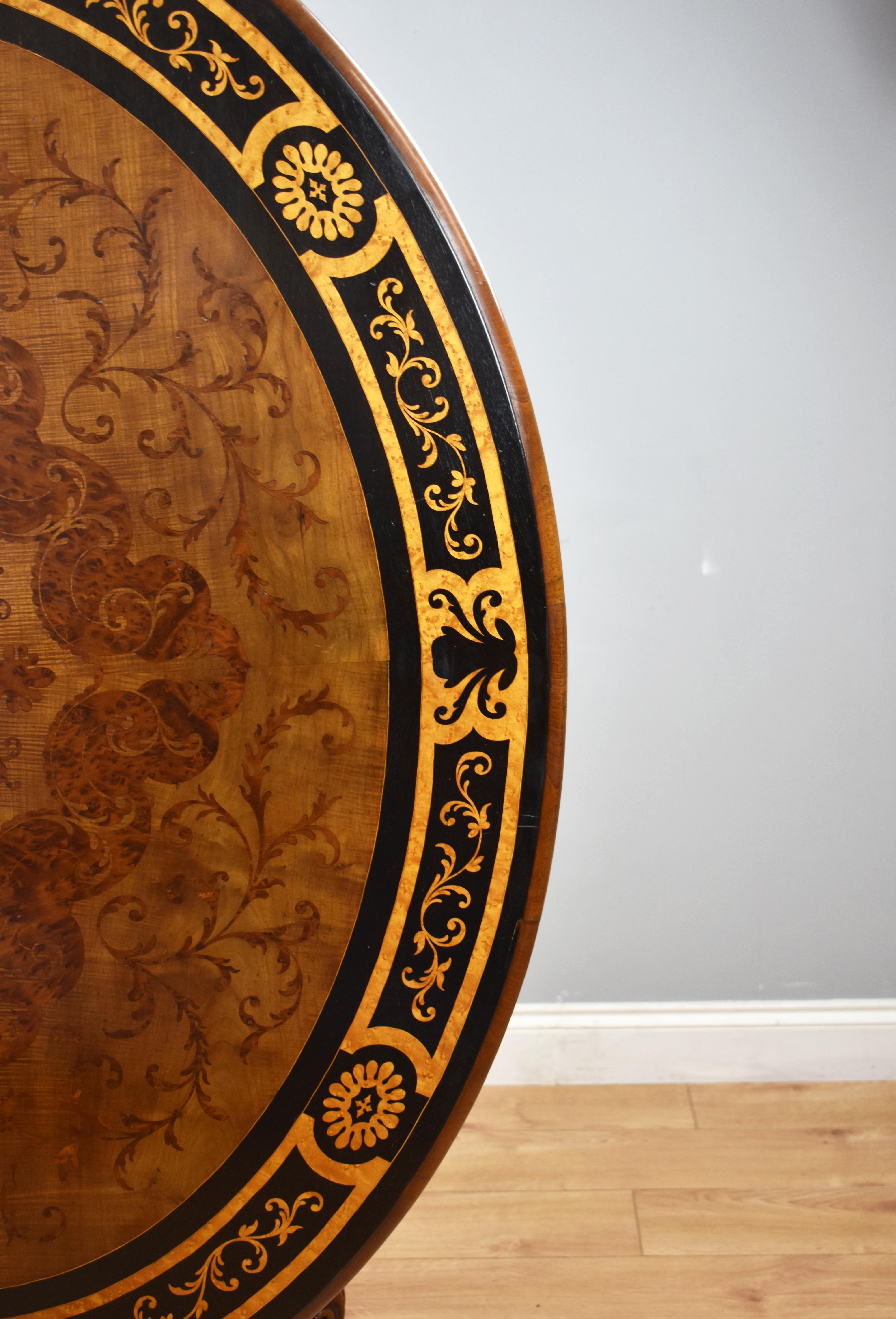 19th Century English Victorian Burr Walnut and Marquetry Oval Breakfast Table 1