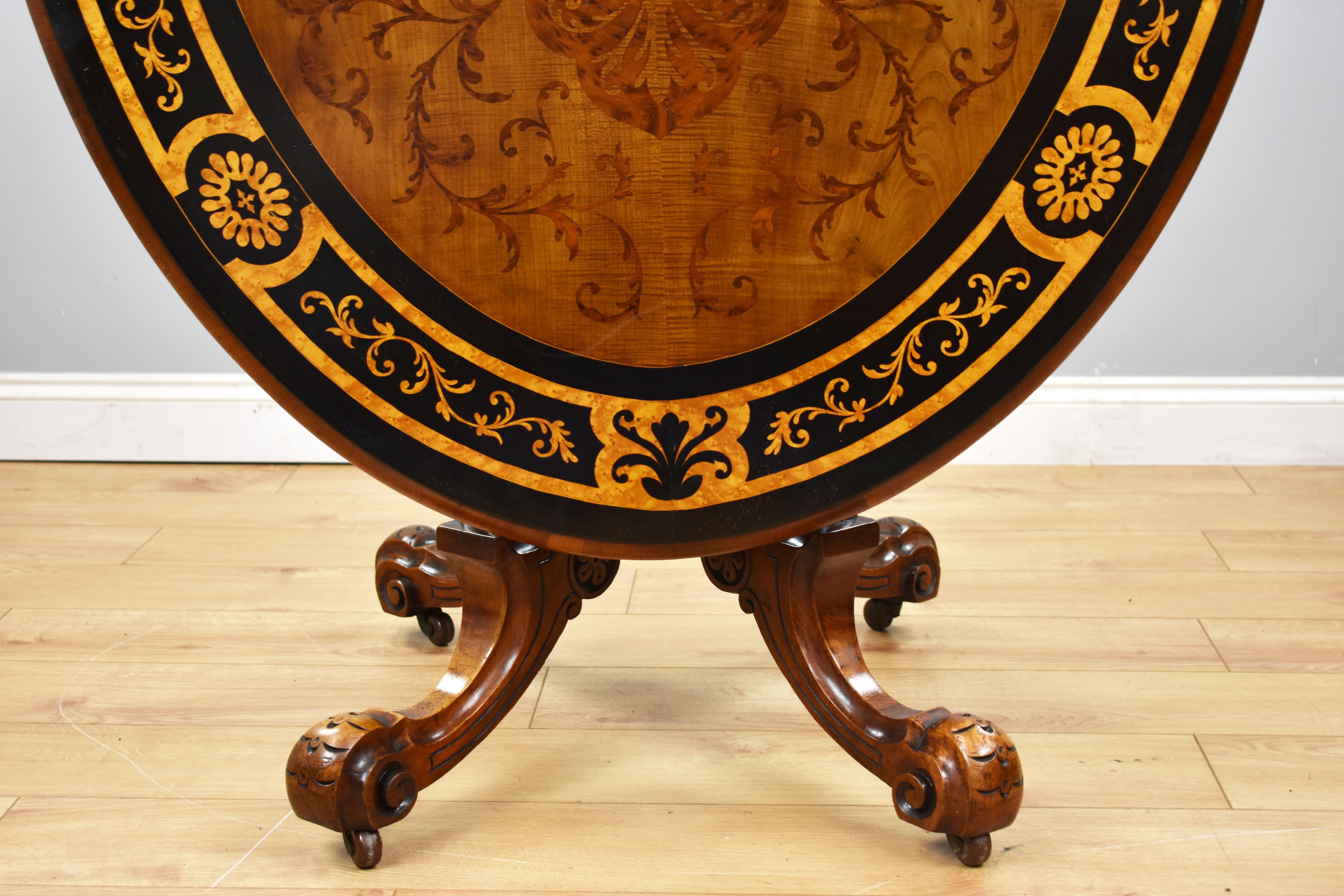 19th Century English Victorian Burr Walnut and Marquetry Oval Breakfast Table 2
