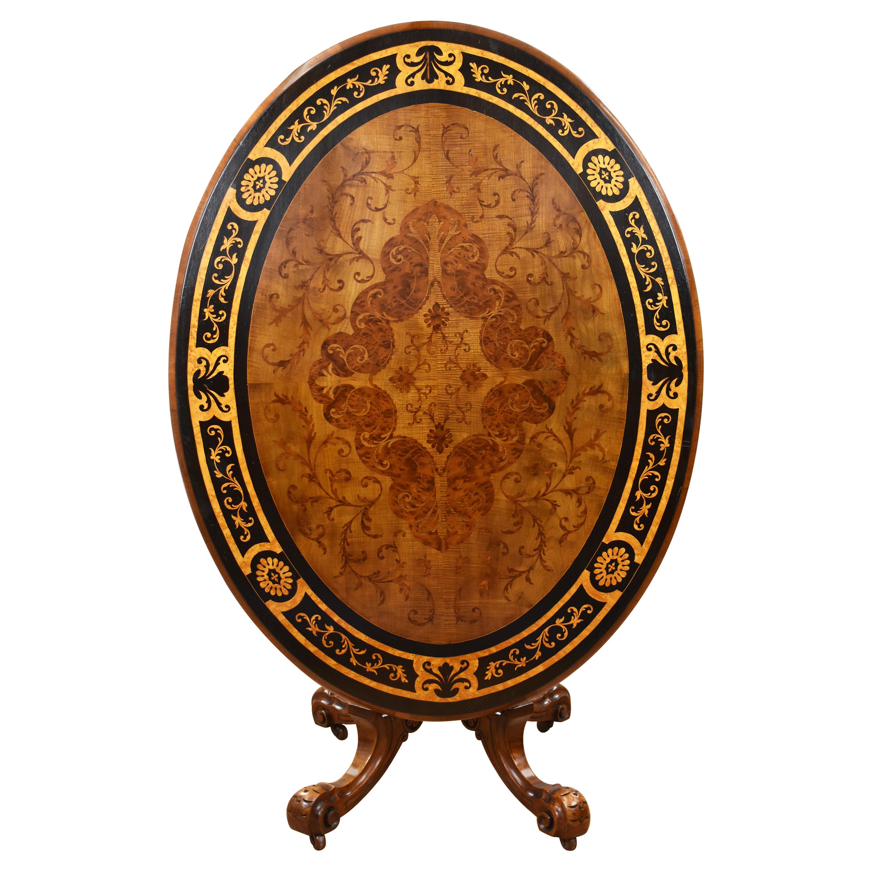 19th Century English Victorian Burr Walnut and Marquetry Oval Breakfast Table