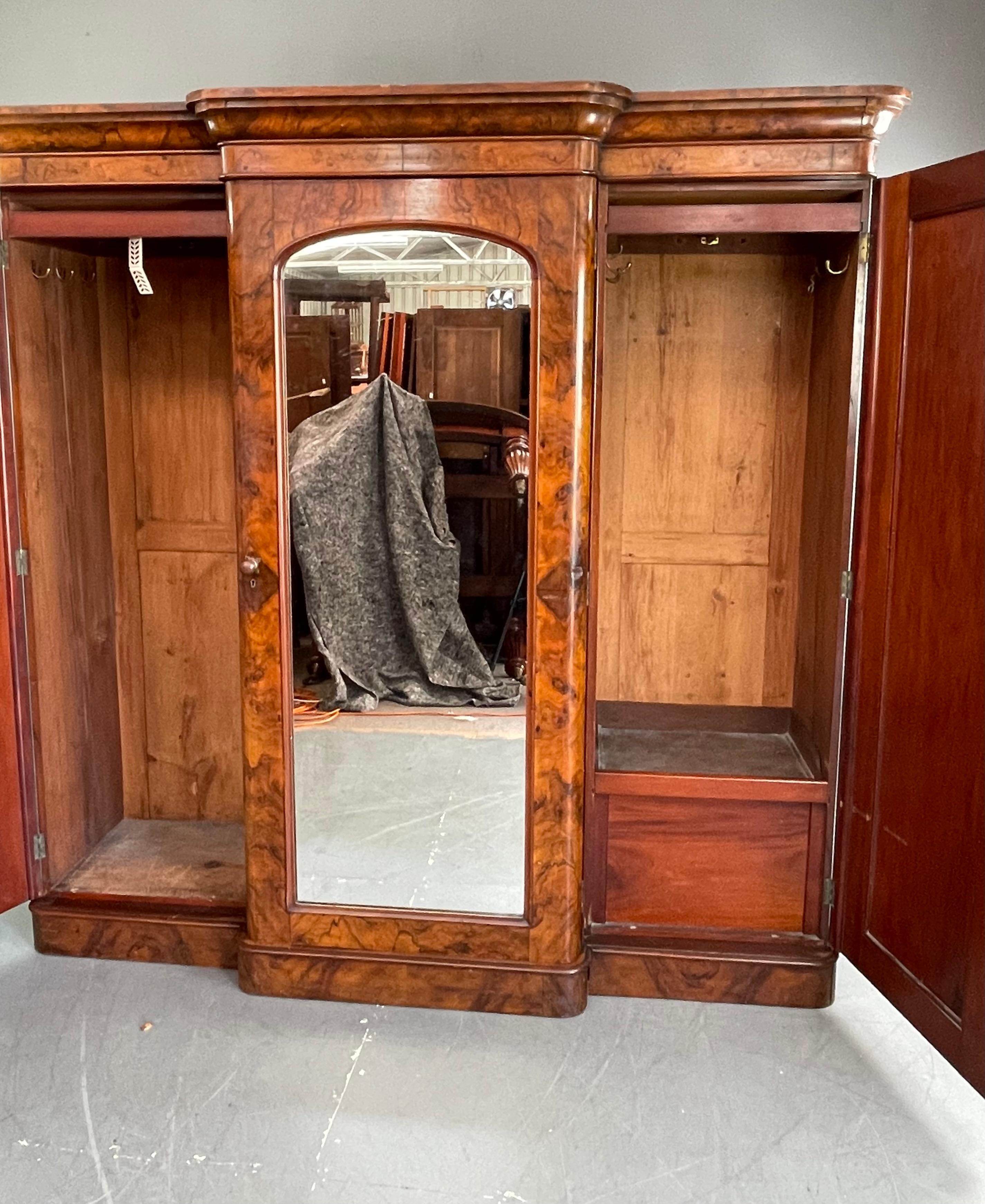 19th century English Victorian burr walnut breakfront wardrobe armoire  In Good Condition In Chelmsford, GB