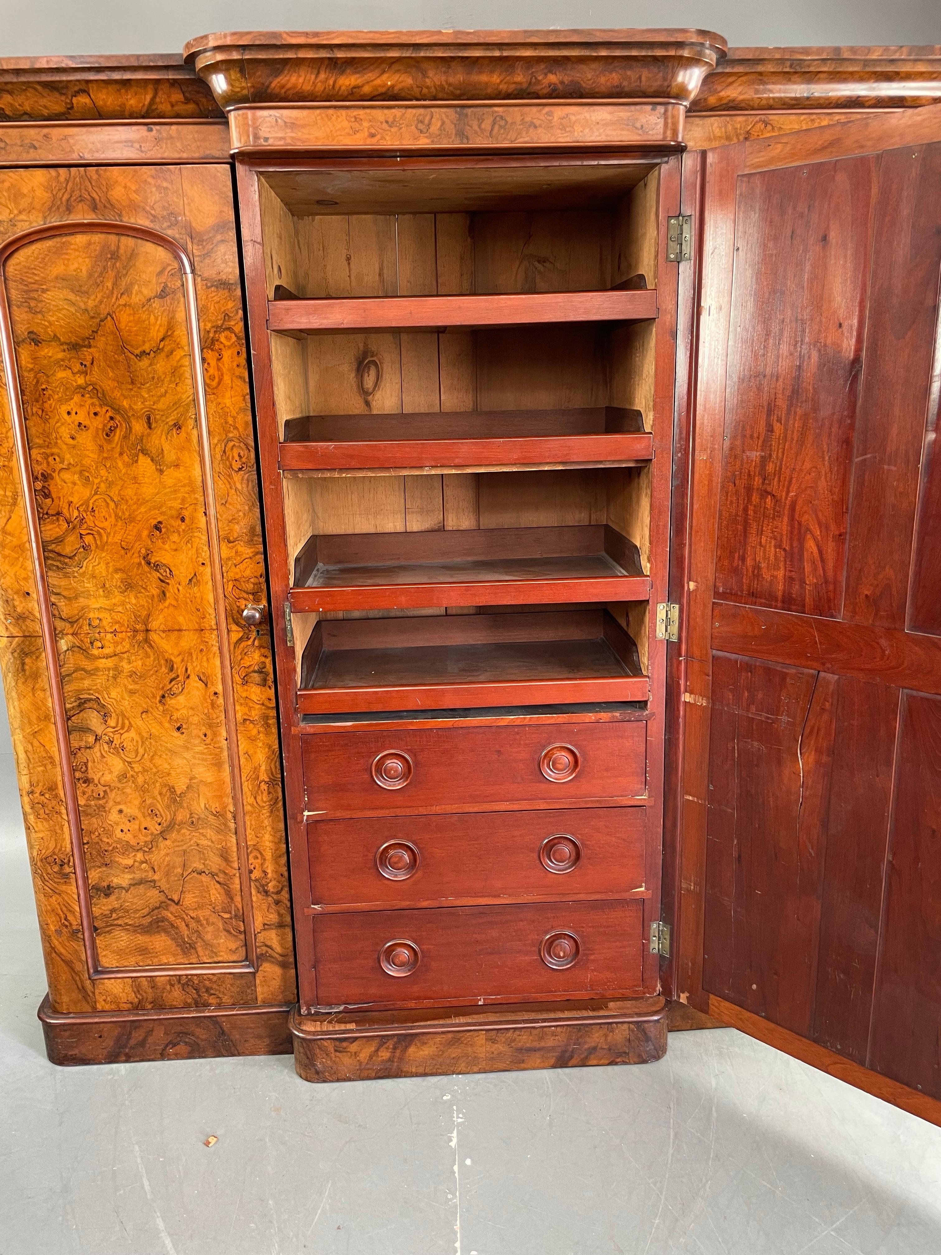 19th Century 19th century English Victorian burr walnut breakfront wardrobe armoire 