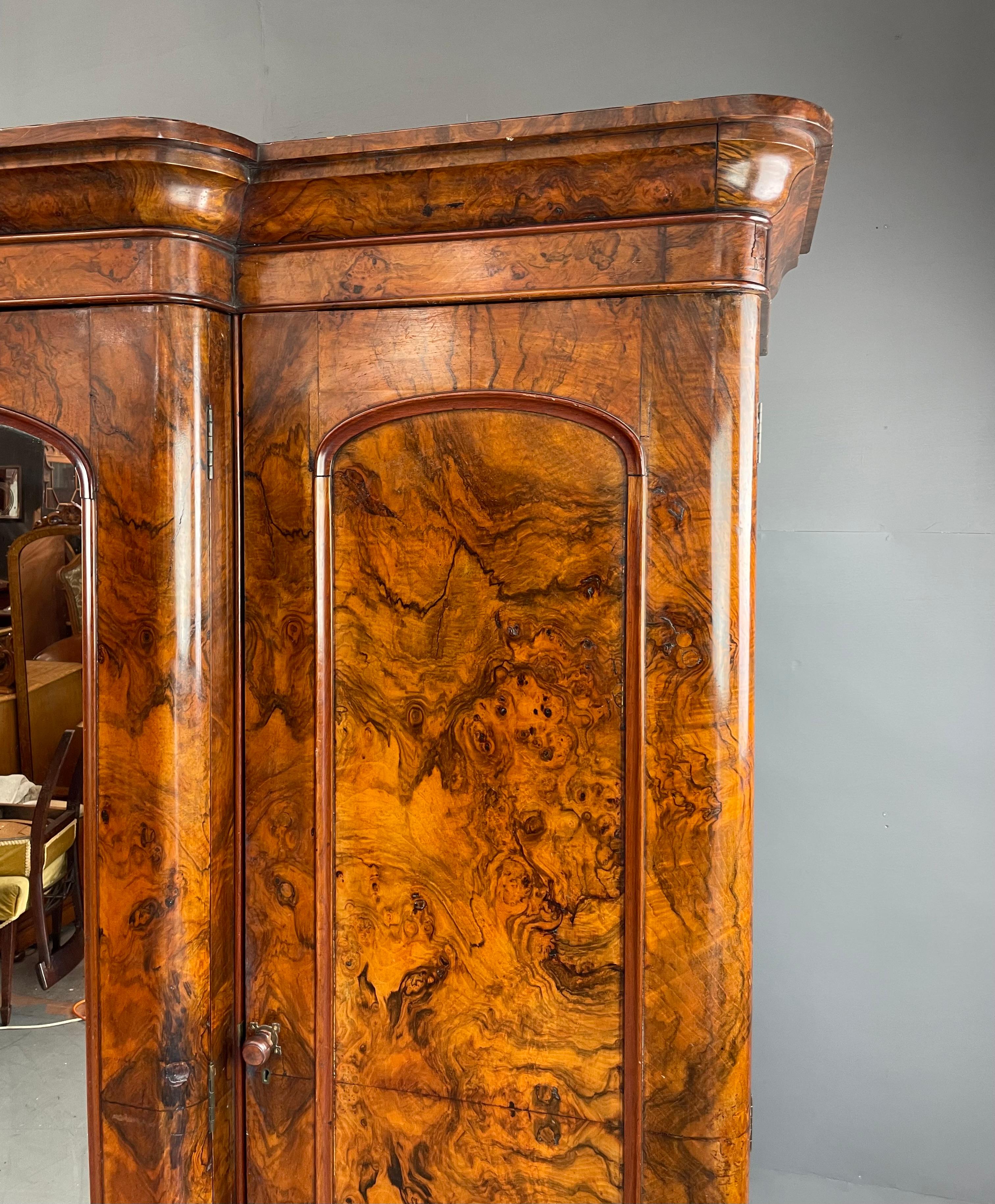 Walnut 19th century English Victorian burr walnut breakfront wardrobe armoire 