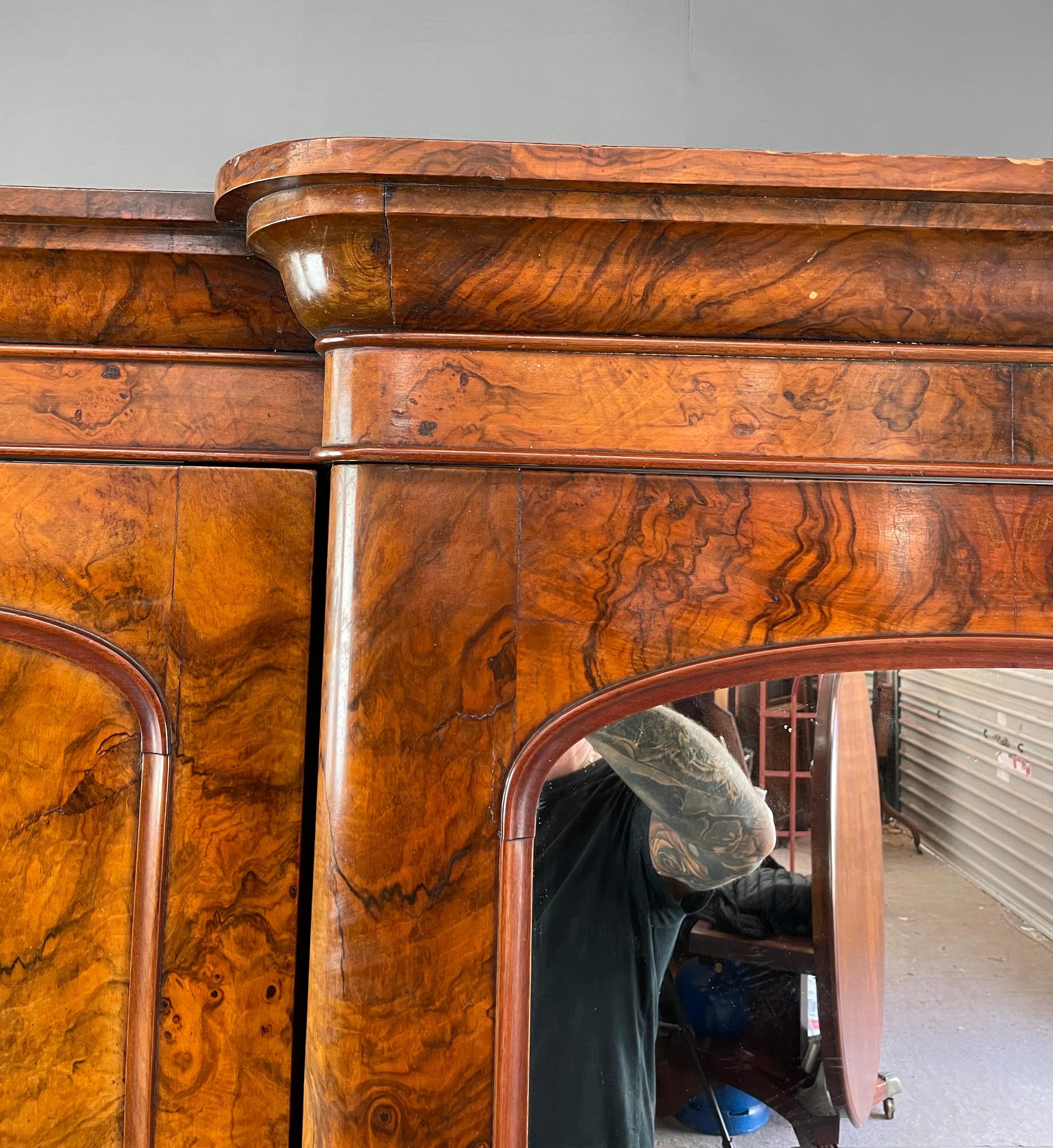 19th century English Victorian burr walnut breakfront wardrobe armoire 1