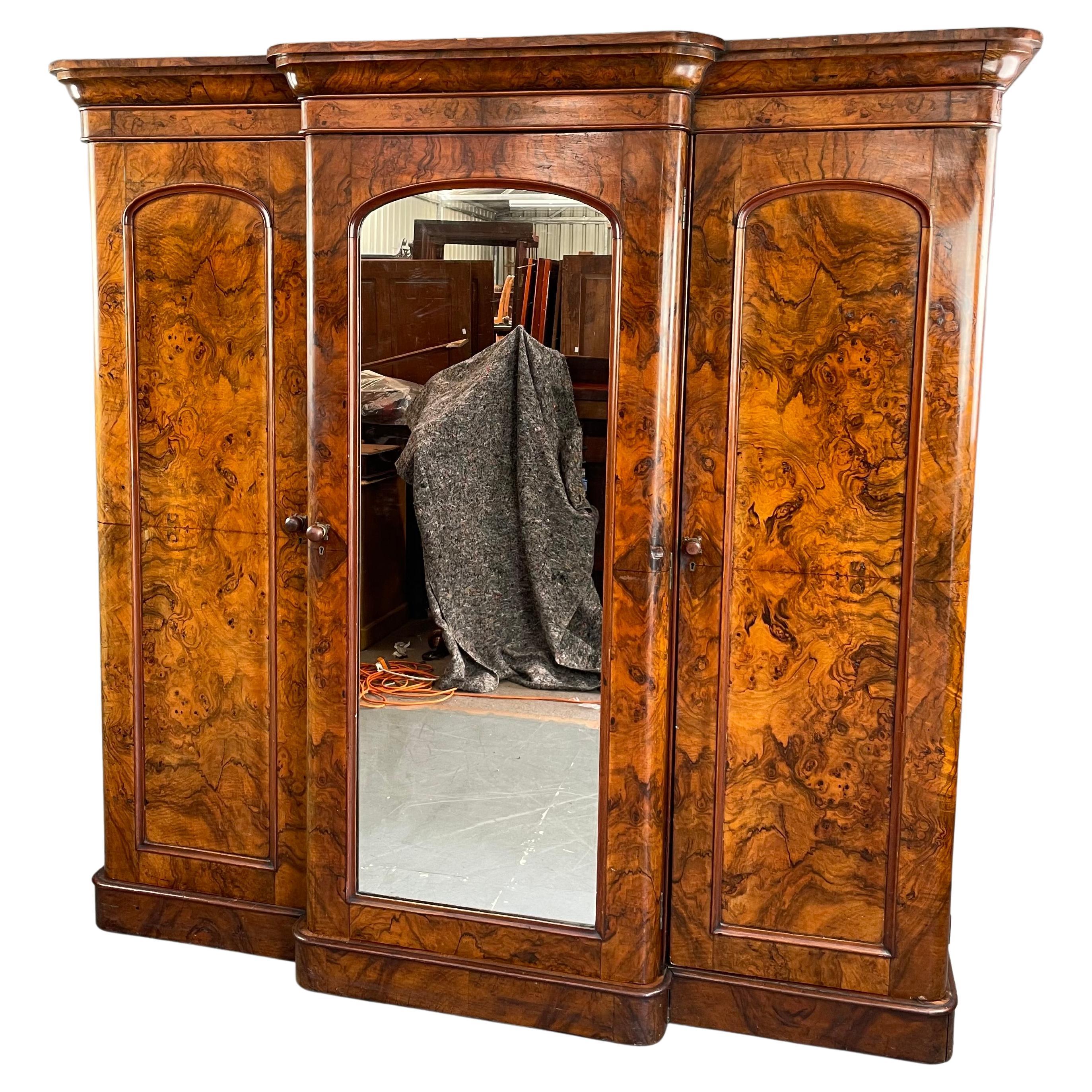 19th century English Victorian burr walnut breakfront wardrobe armoire 