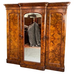 19th century English Victorian burr walnut breakfront wardrobe armoire 