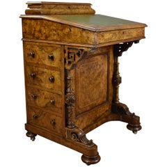 19th Century English Victorian Burr Walnut Davenport Writing Desk