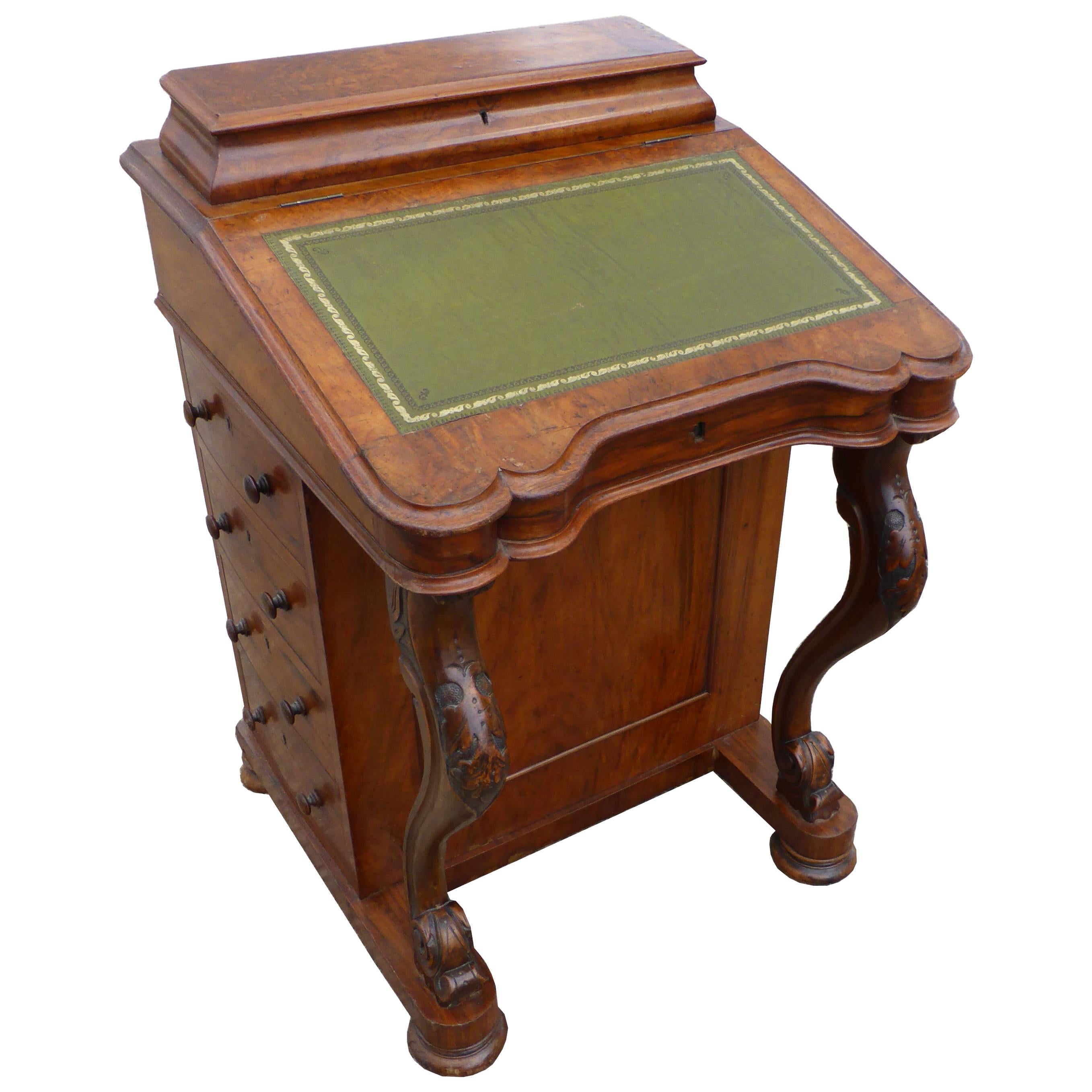 19th Century English Victorian Burr Walnut Davenport Writing Desk For Sale