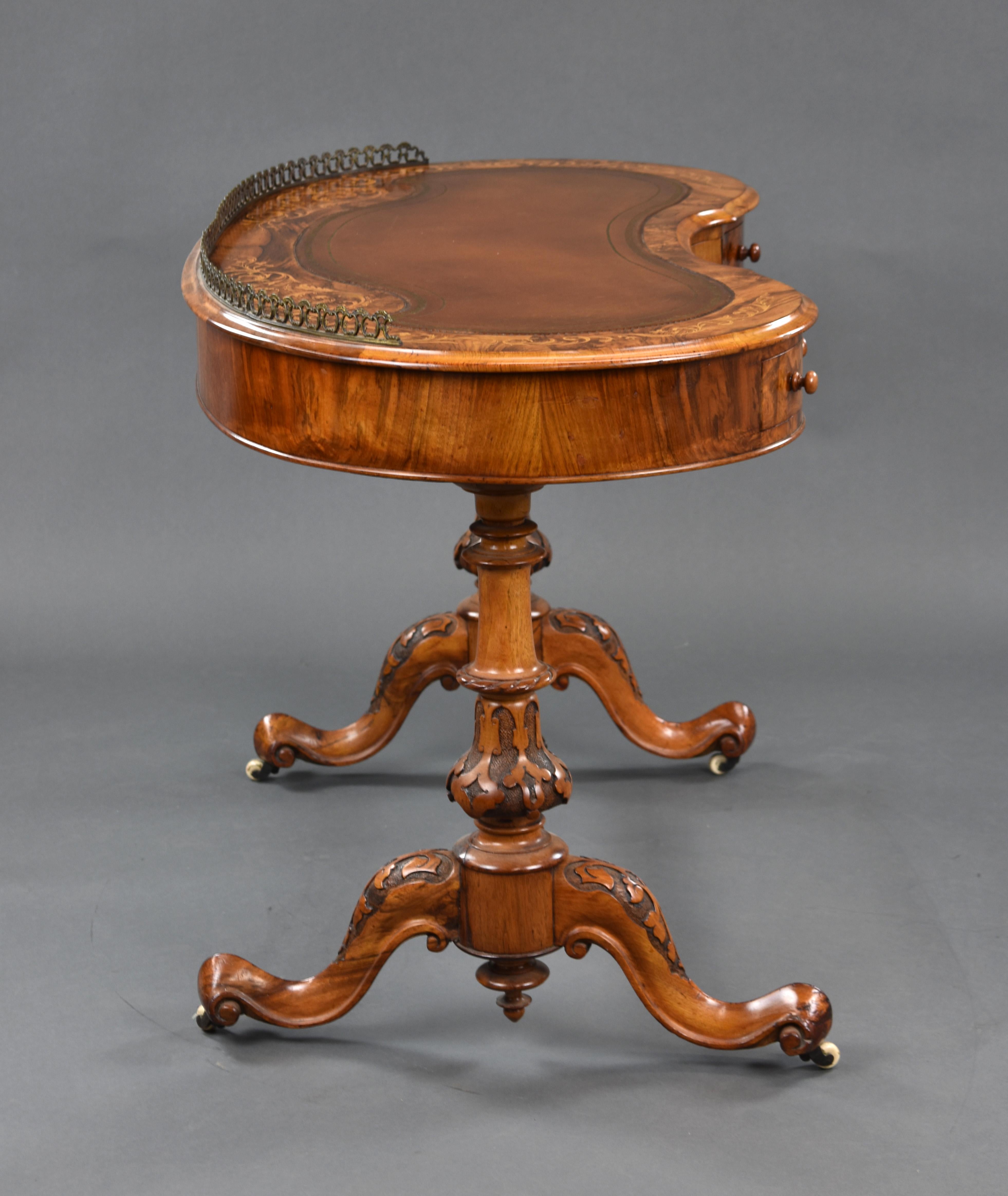 Brass 19th Century English Victorian Burr Walnut Kidney Shaped Desk