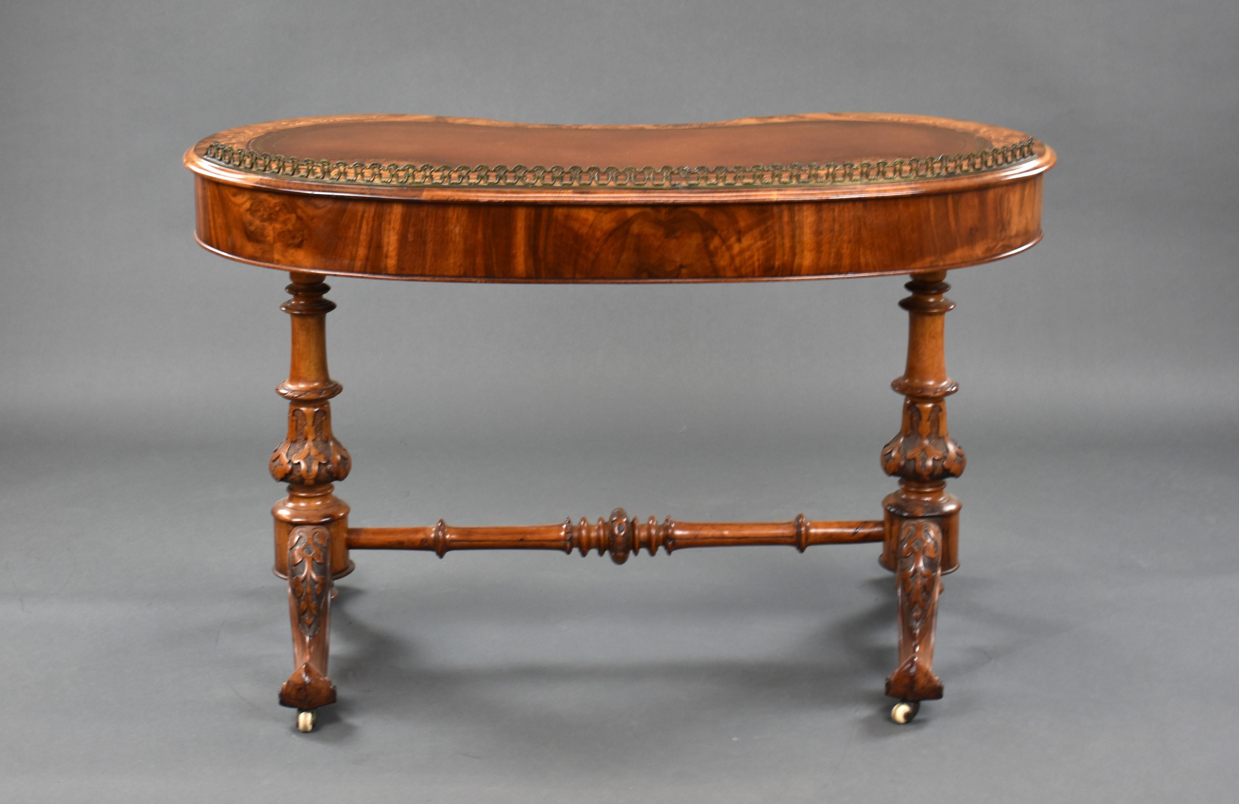19th Century English Victorian Burr Walnut Kidney Shaped Desk 1