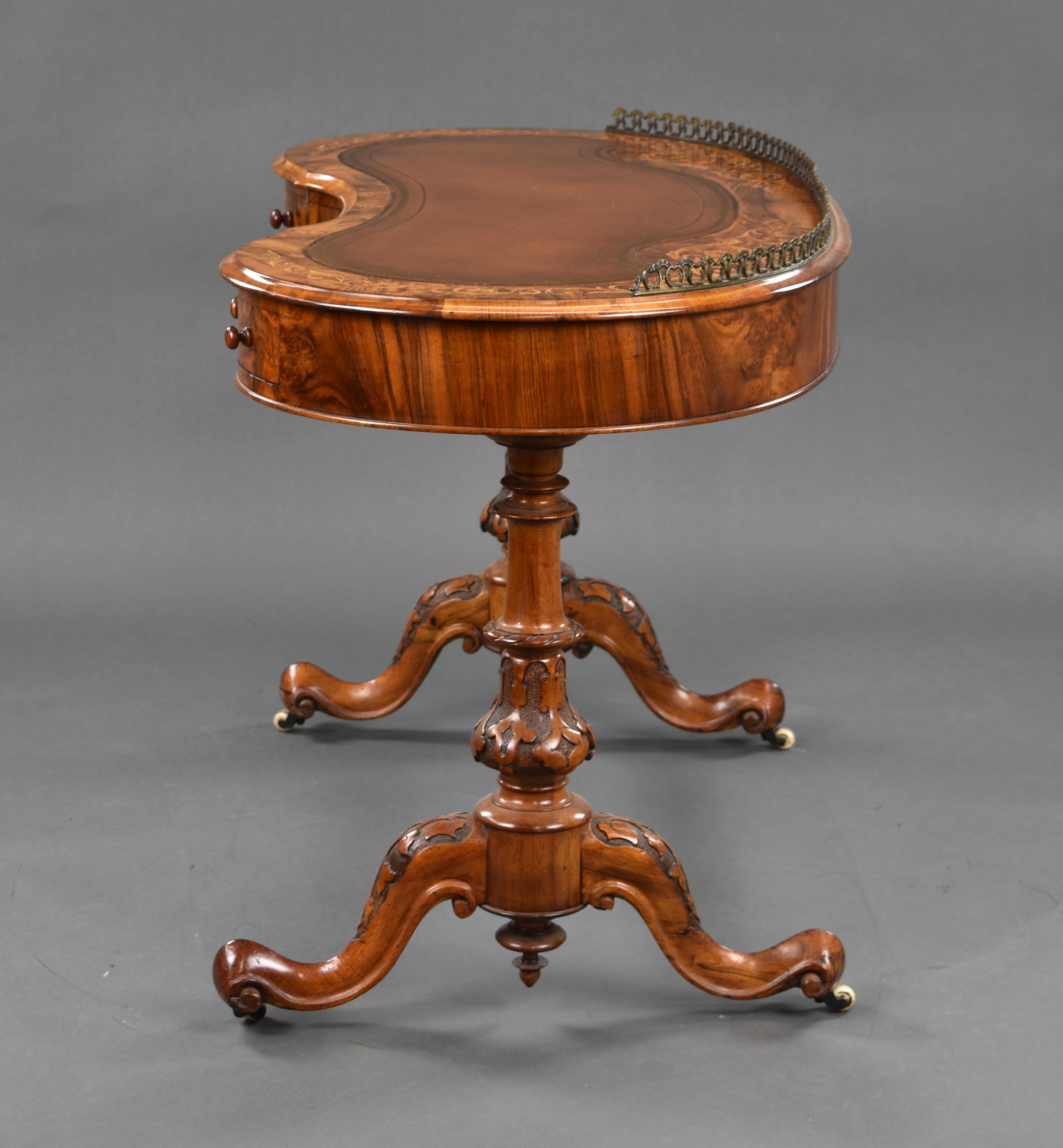 19th Century English Victorian Burr Walnut Kidney Shaped Desk 2