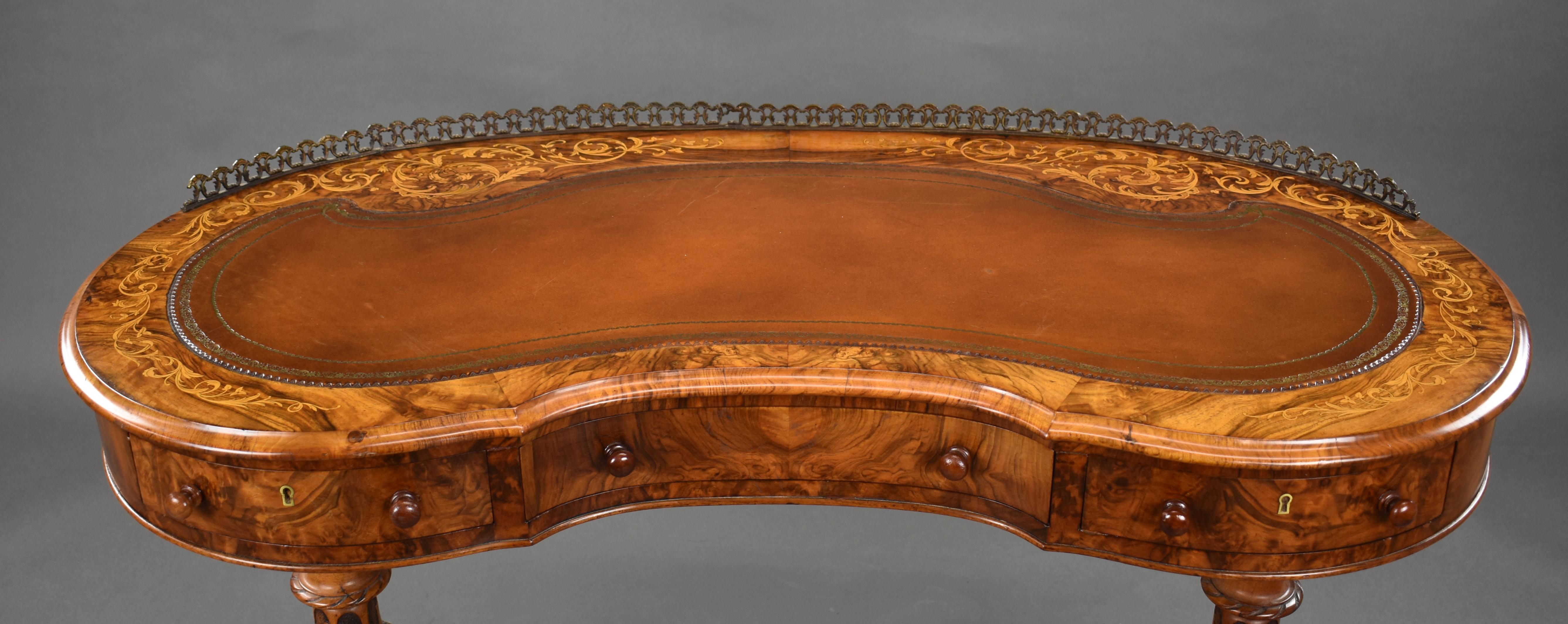 19th Century English Victorian Burr Walnut Kidney Shaped Desk 3
