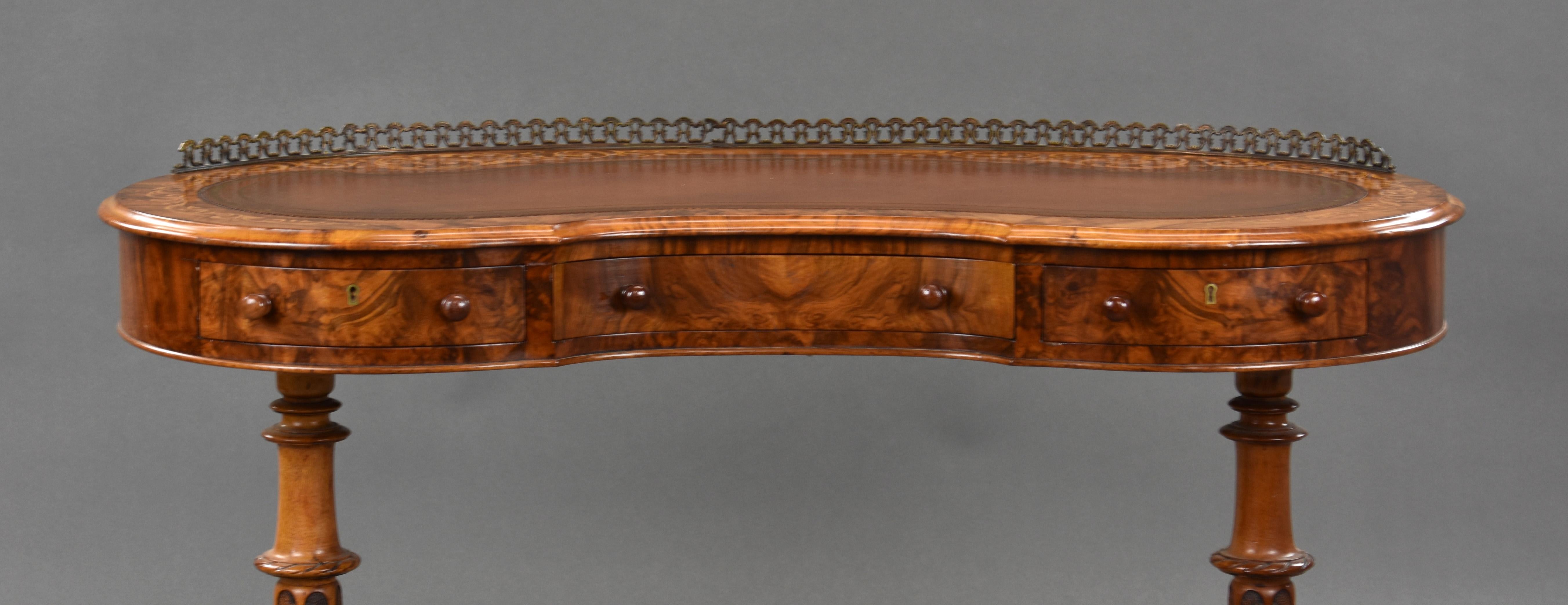 19th Century English Victorian Burr Walnut Kidney Shaped Desk 4