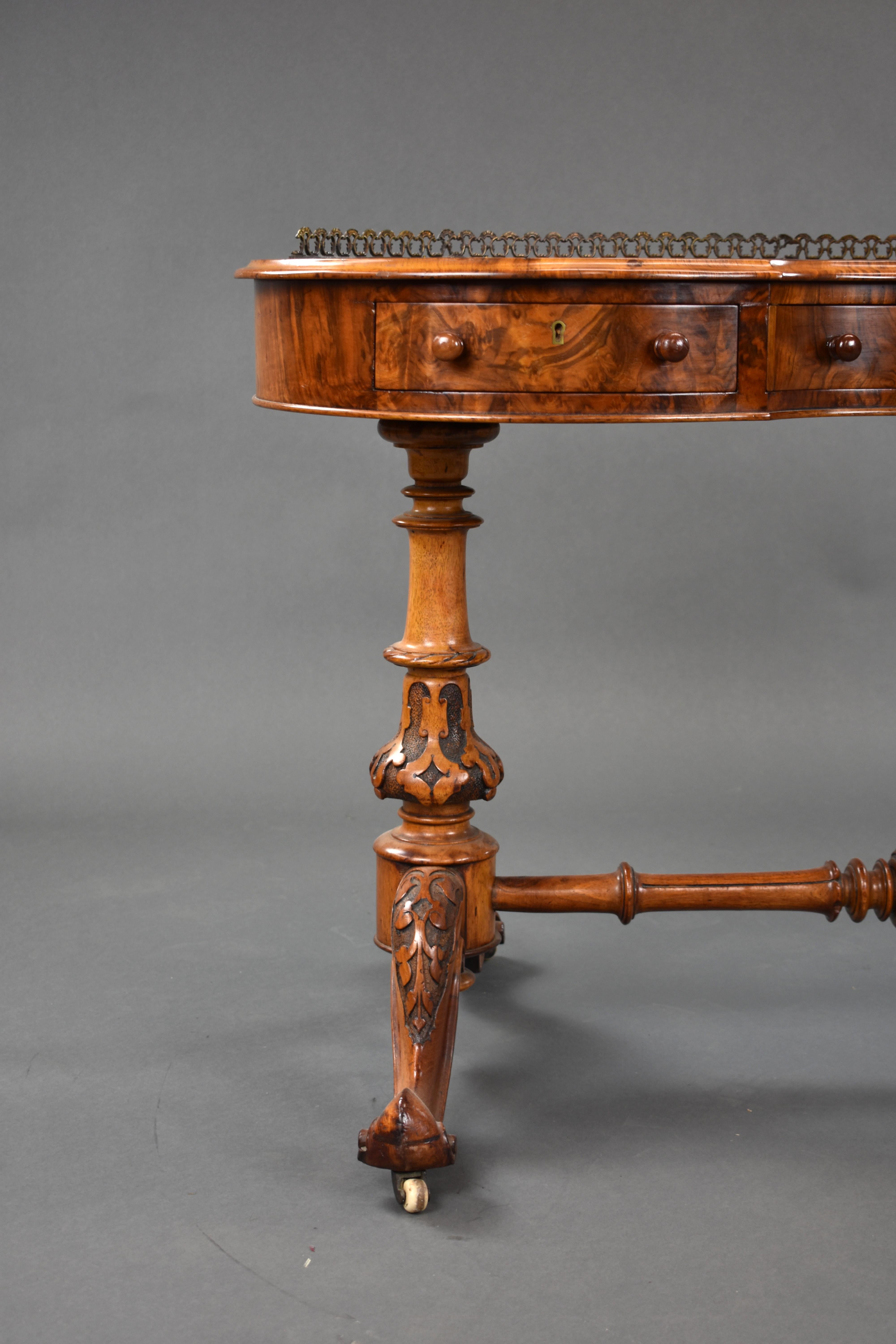 19th Century English Victorian Burr Walnut Kidney Shaped Desk 5