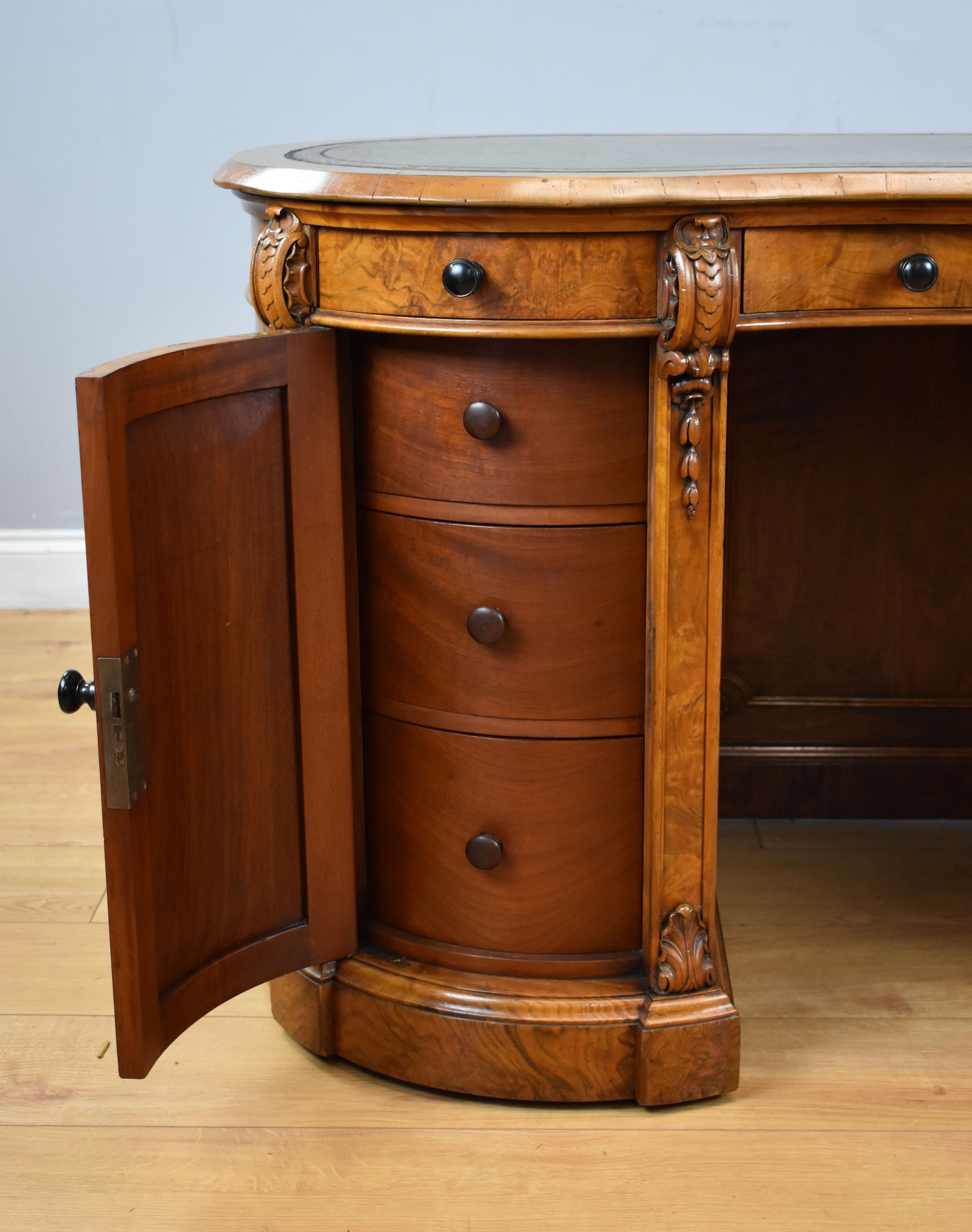 19th Century English Victorian Burr Walnut Kidney Shaped Writing Desk 7