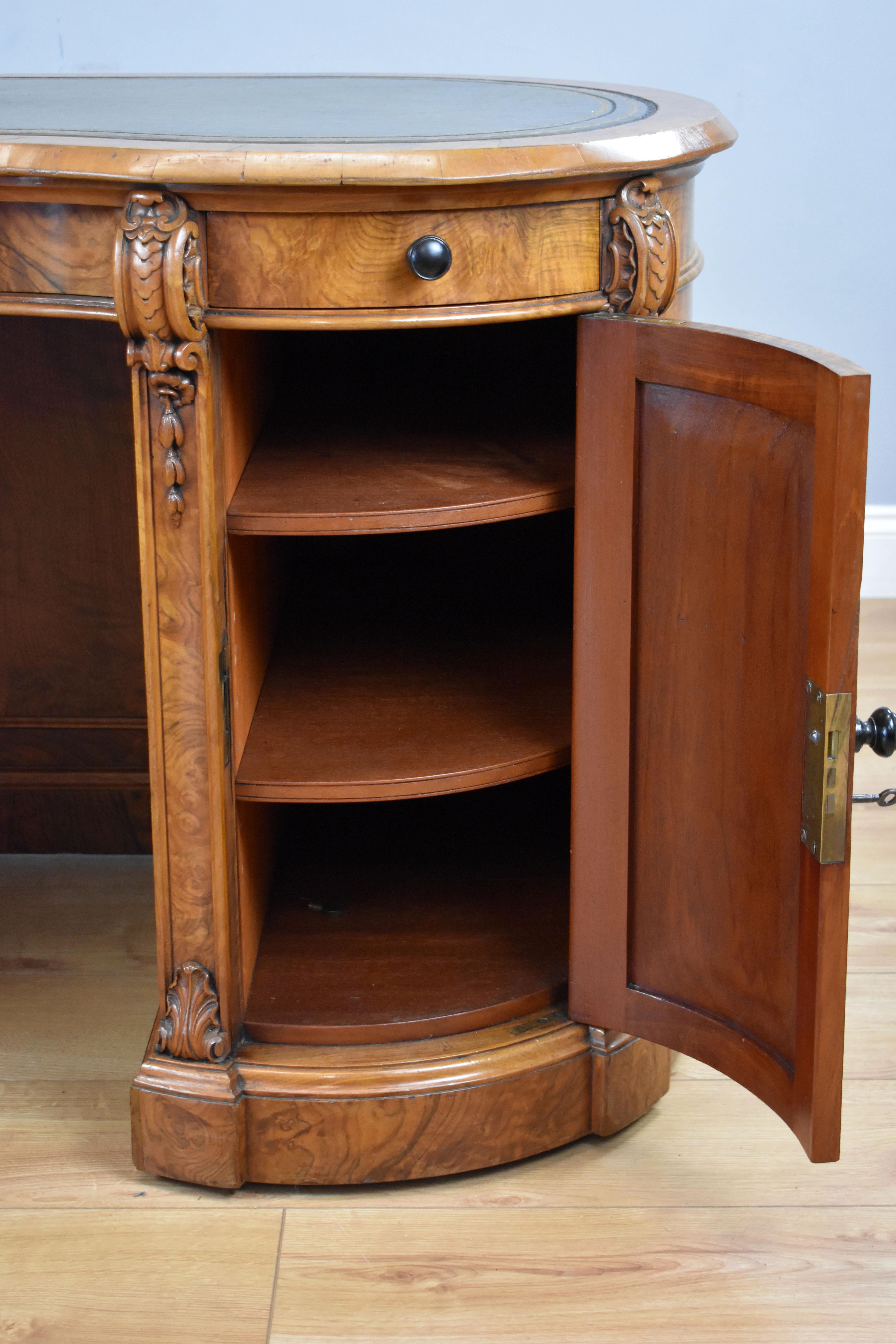 19th Century English Victorian Burr Walnut Kidney Shaped Writing Desk 8