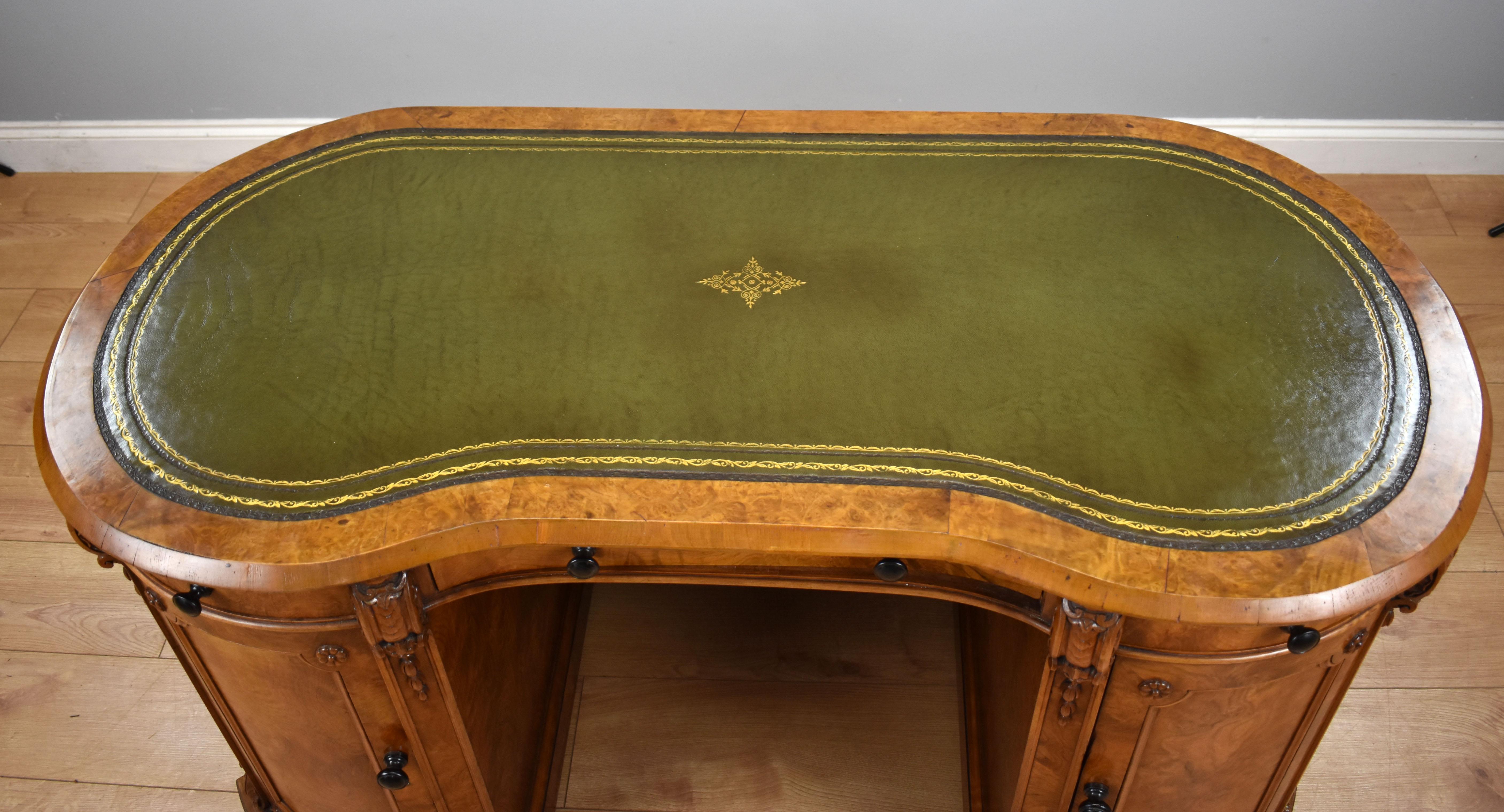 19th Century English Victorian Burr Walnut Kidney Shaped Writing Desk 9