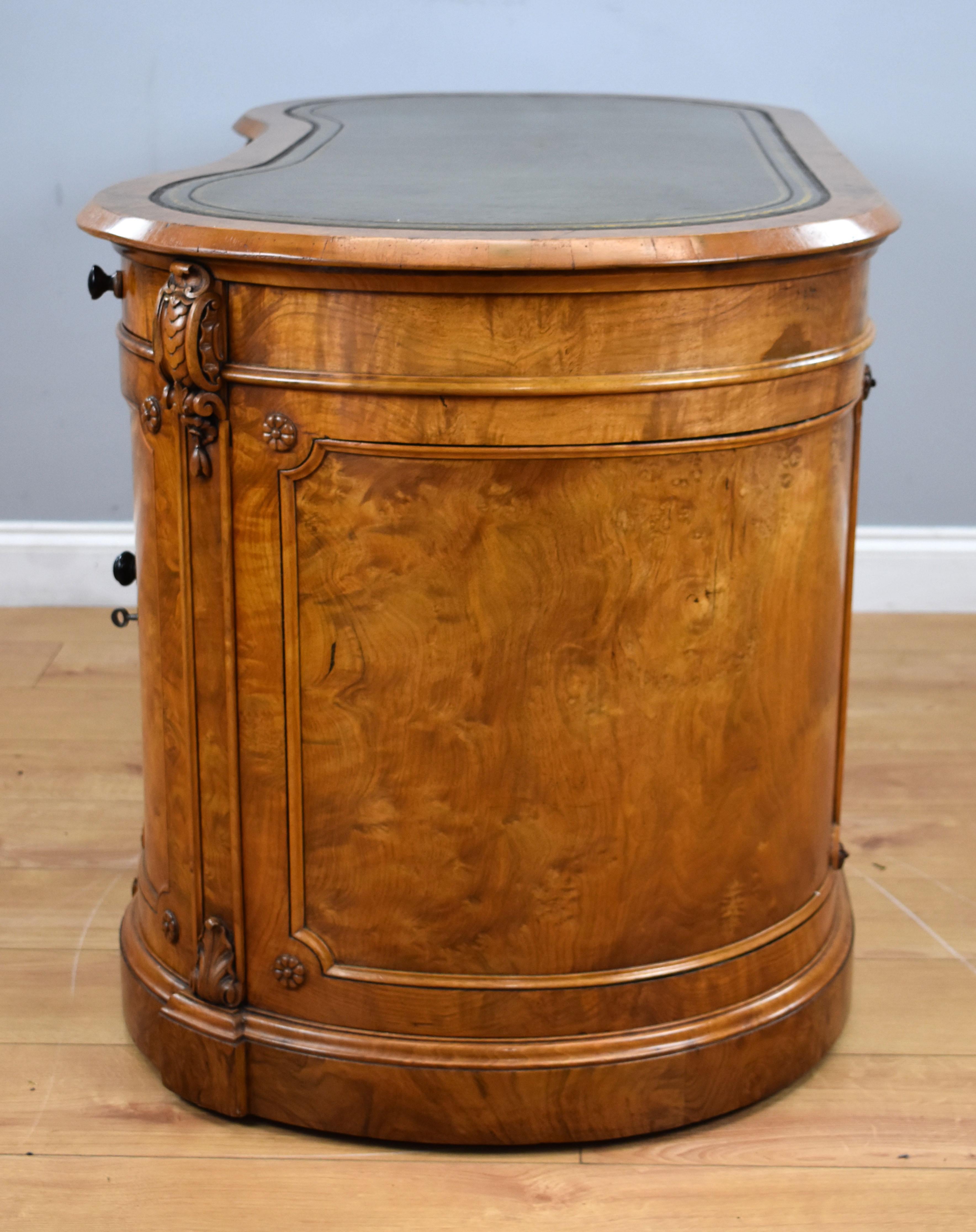 19th Century English Victorian Burr Walnut Kidney Shaped Writing Desk 5